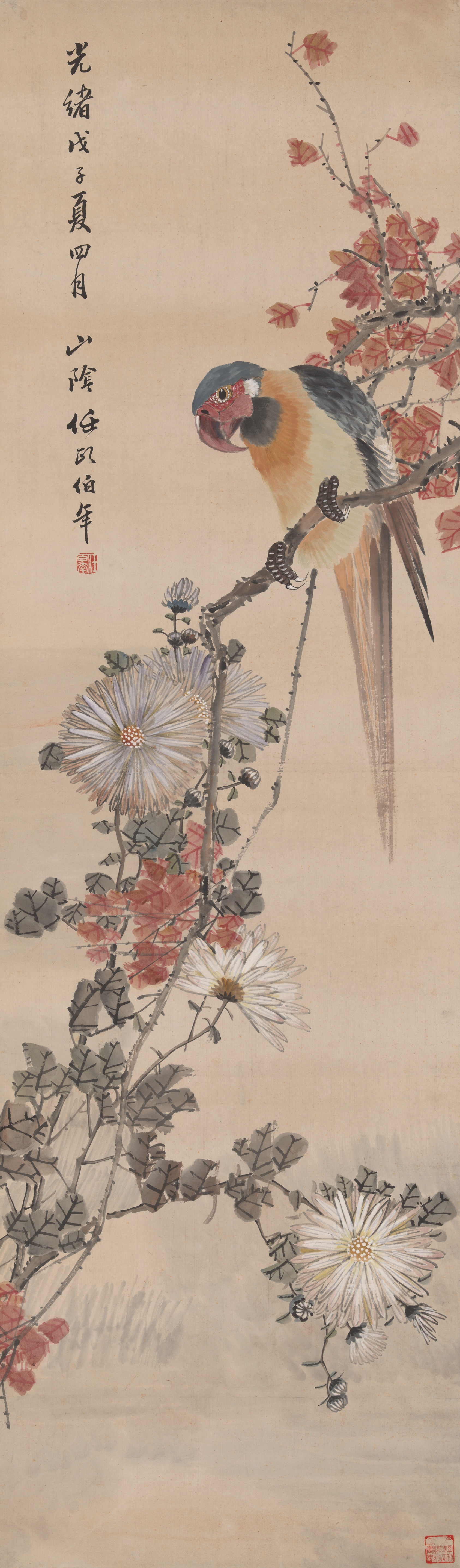 A work made of hanging scroll; ink and colors on paper.