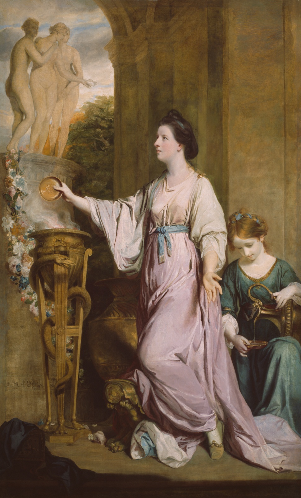 Large painting, woman in pink dress in front of classical sculpture, shrine.