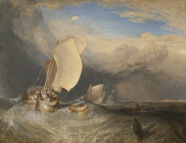 Large marine landscape of boats on rough waves, storm clouds.