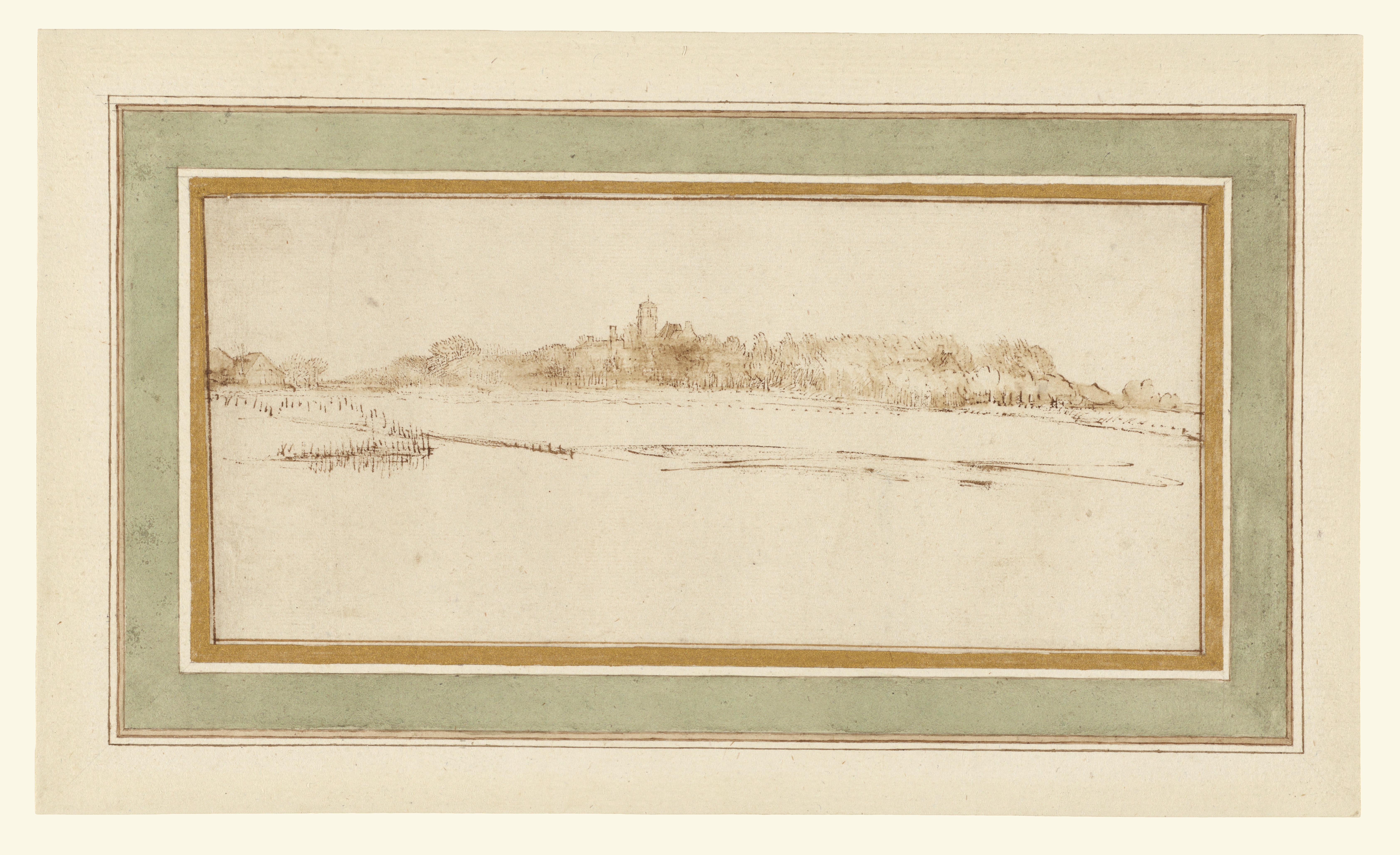 Rembrandt: a loosely drawn landscape of trees and buildings, including a house with a small tower.
