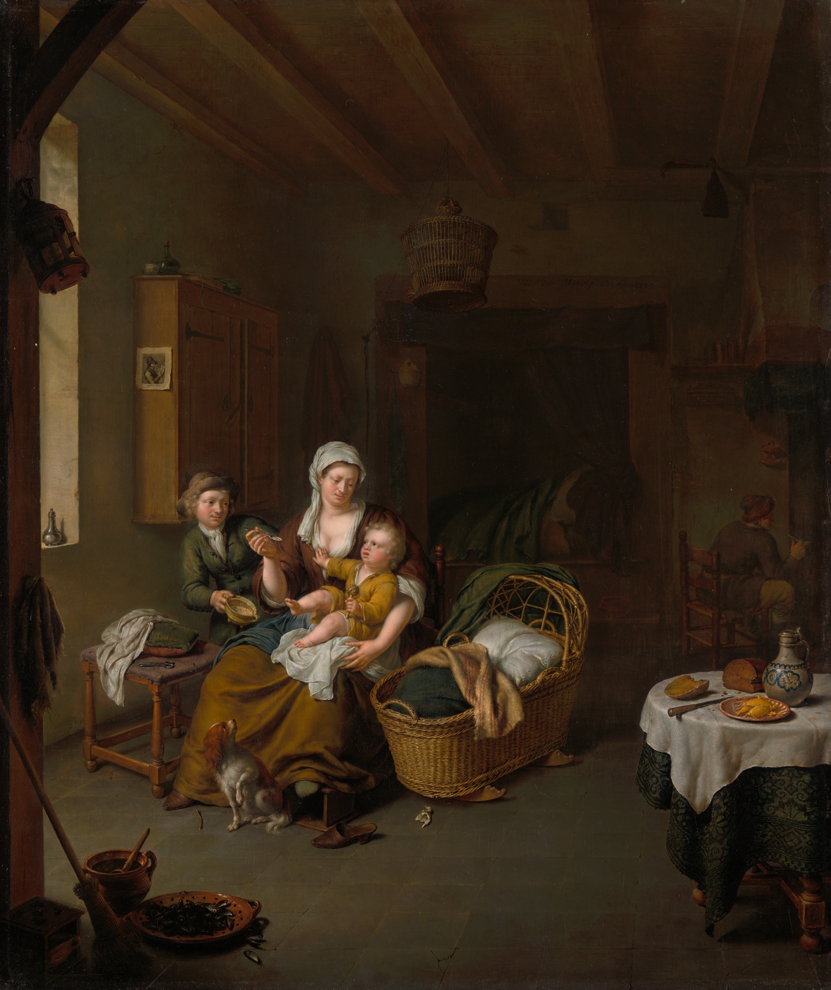 Painting of a scene in a dimly-lit, cavernous room with a bassinet and small table. A shaft of light falls on four figures: a light-skinned woman in a white head covering, a baby on her lap, a male figure at her side, and a small dog at their feet. The couple feeds the fussing baby from a bowl, smiling.