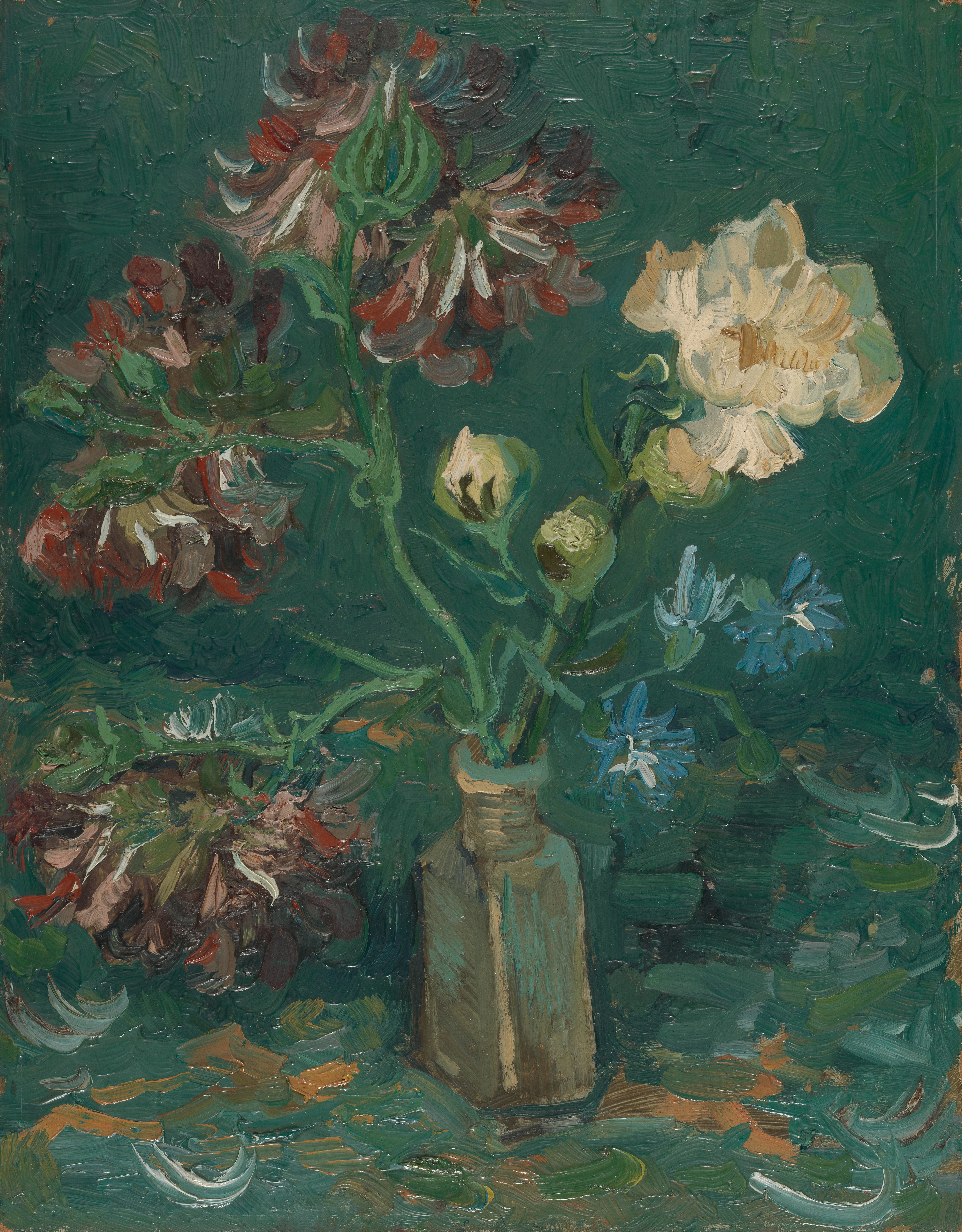 Small Bottle with Peonies and Blue Delphiniums, 1886, by Vincent van Gogh