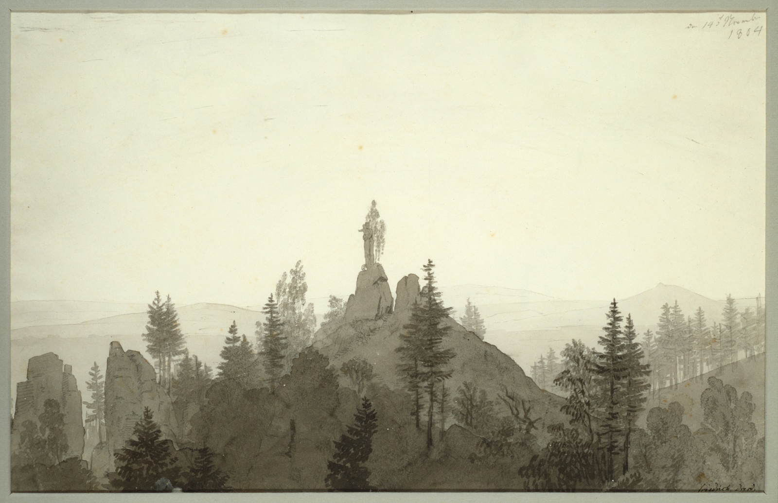 Black ink drawing of forested landscape, statue of woman holding child at pinnacle of mountain.