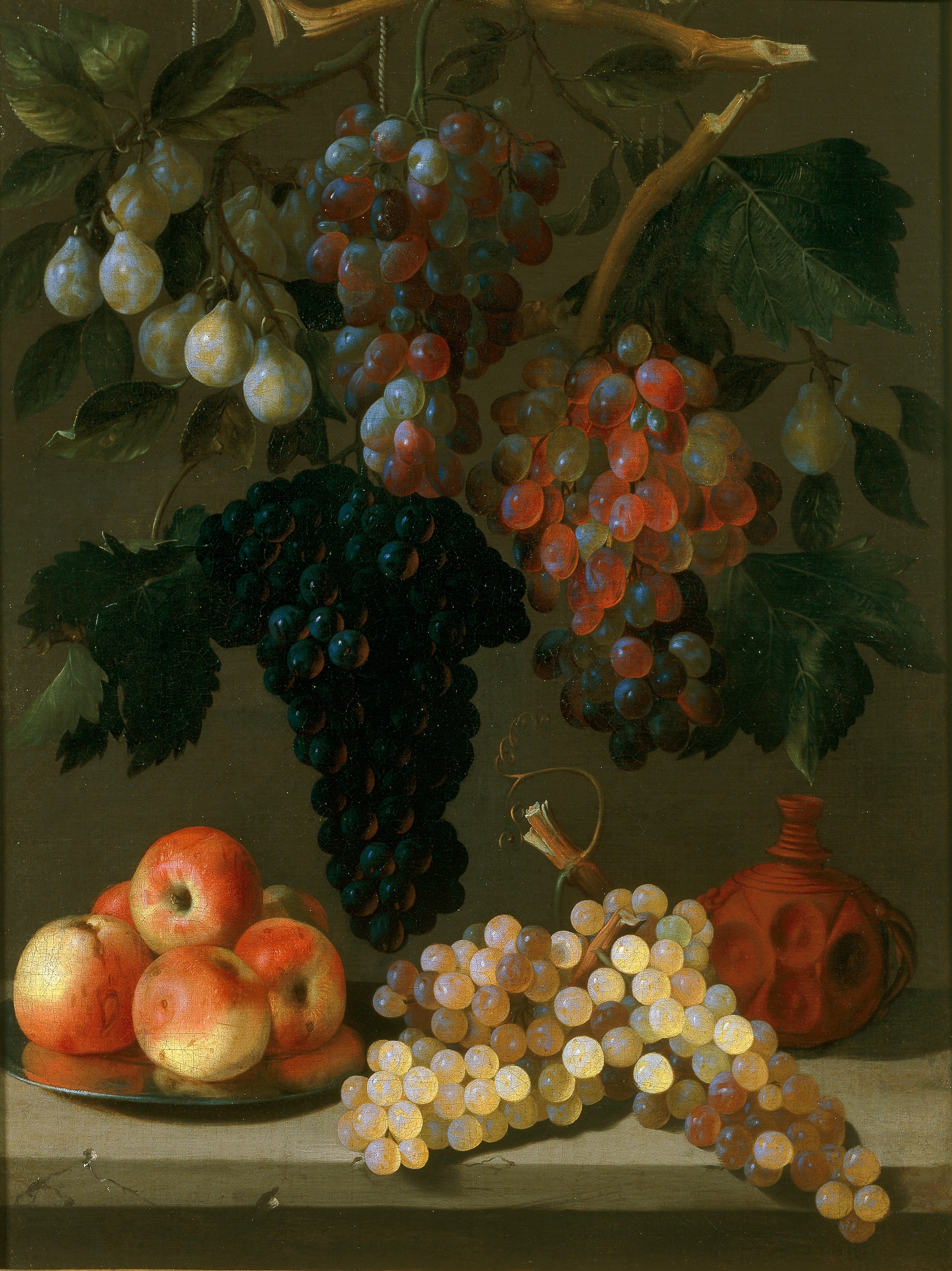 Bodegón de uvas, manzanas y ciruelas. by Juan Bautista de Espinosa