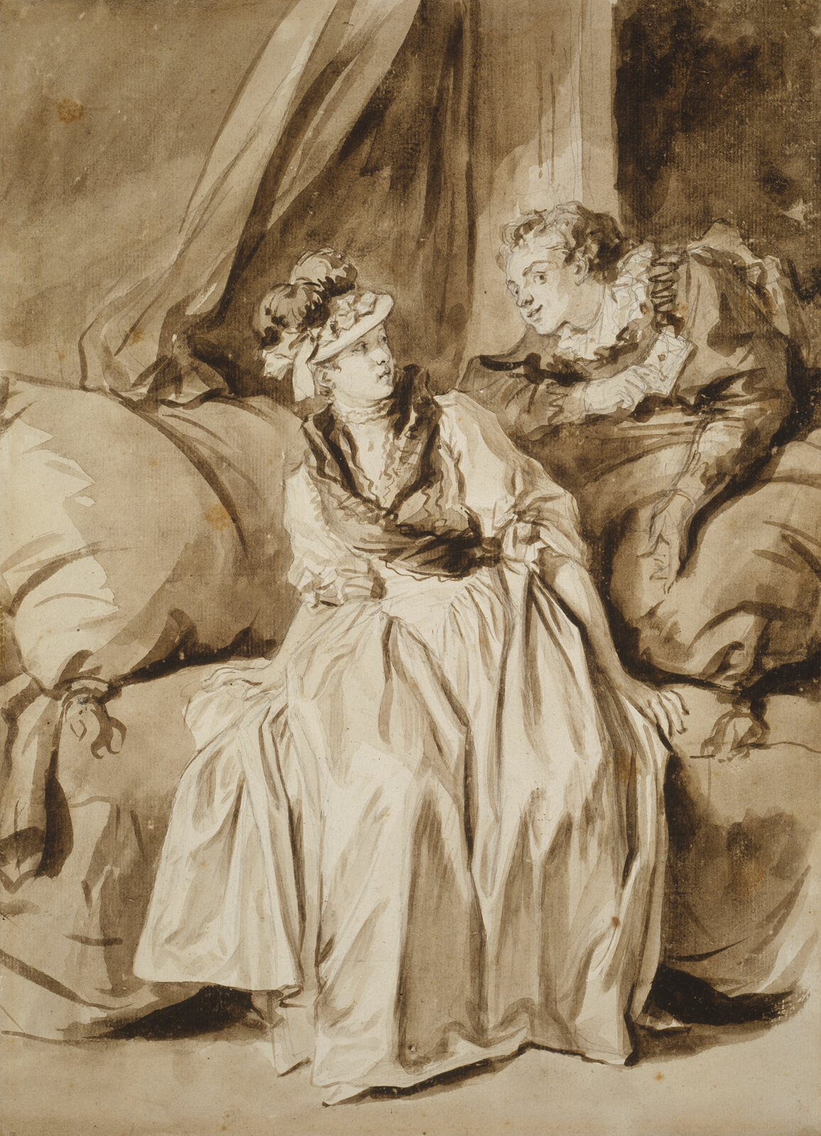 Brown toned drawing and wash, servant delivers letter to woman in dress.