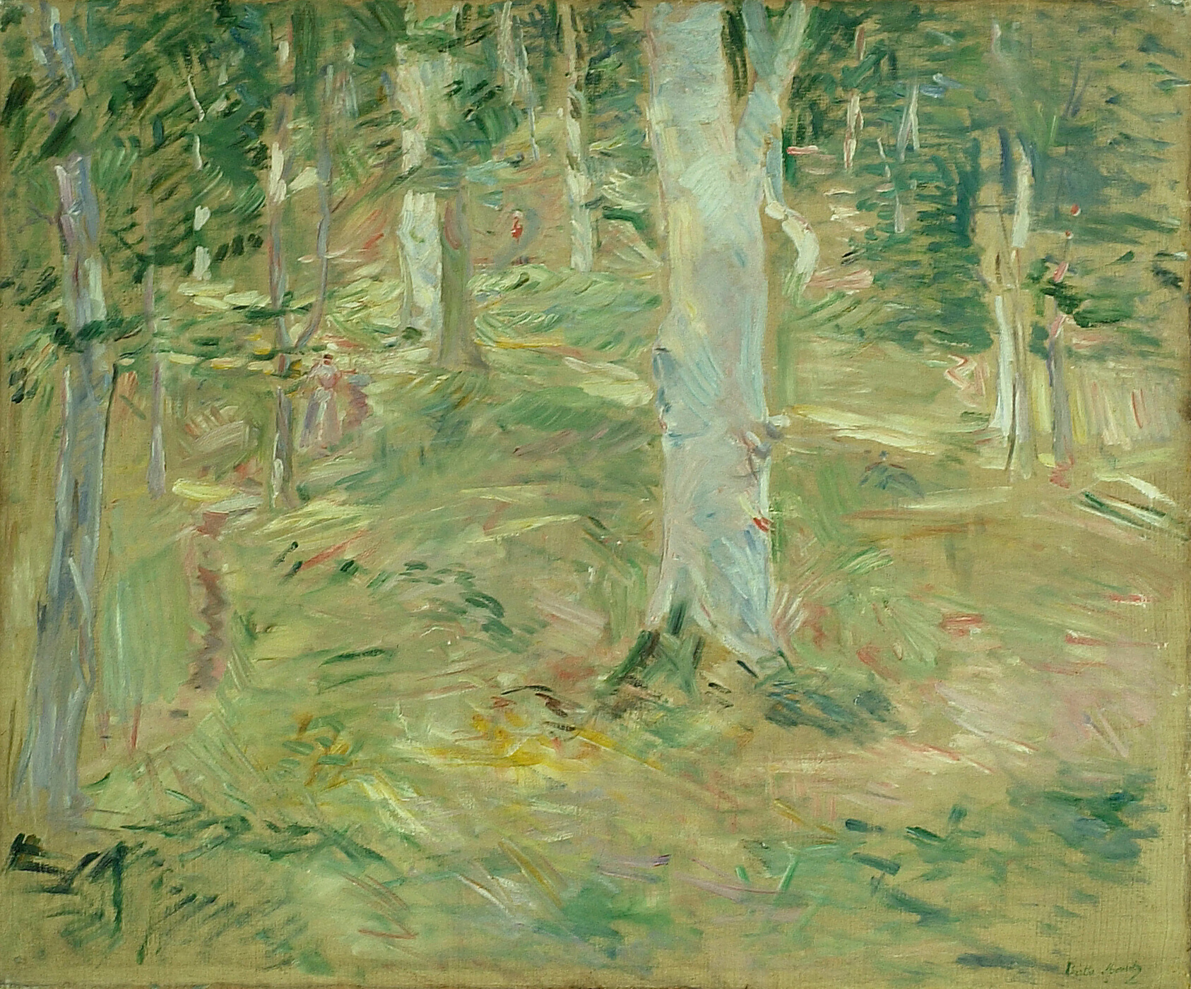 Painting composed of short, broad, linear brushstrokes suggesting green-leaved forest trees with light trunks on pale green grass.