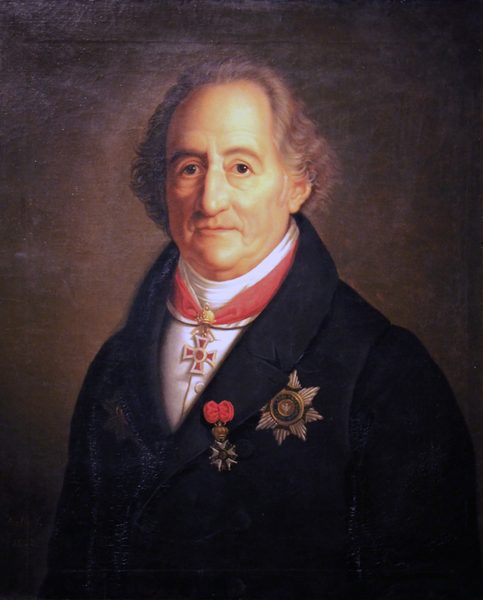 Goethe:Am roten Band um den Hals trägt er das Komturkreuz des Österreichisch-Kaiserlichen Leopoldordens, an der linken Brust das Offizierskreuz der Französischen Ehrenlegion und den Bruststern zum Großkreuz des Sachsen-Weimarschen Hausordens der Wachsamkeit. by Heinrich Christoph Kolbe
