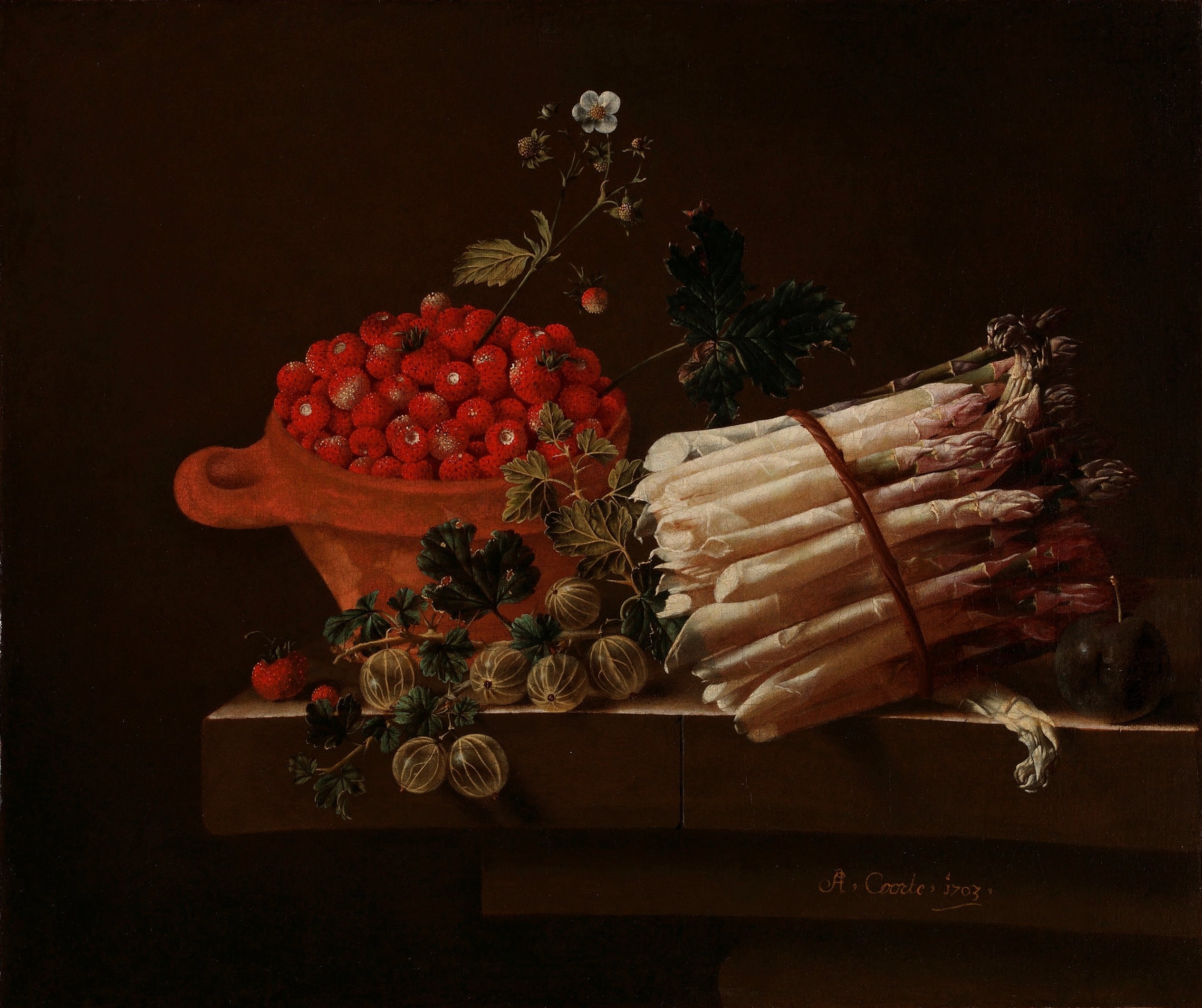 A Pot of Strawberries, Gooseberries, and a Bundle of Asparagus on a Stone Plinth by Adriaen Coorte