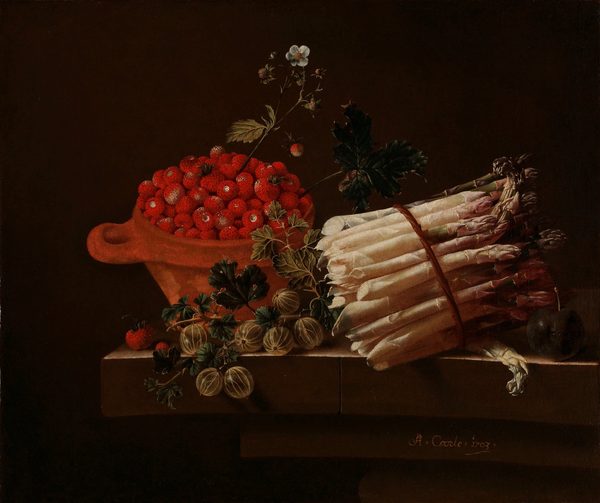 A Pot of Strawberries, Gooseberries, and a Bundle of Asparagus on a Stone Plinth by Adriaen Coorte