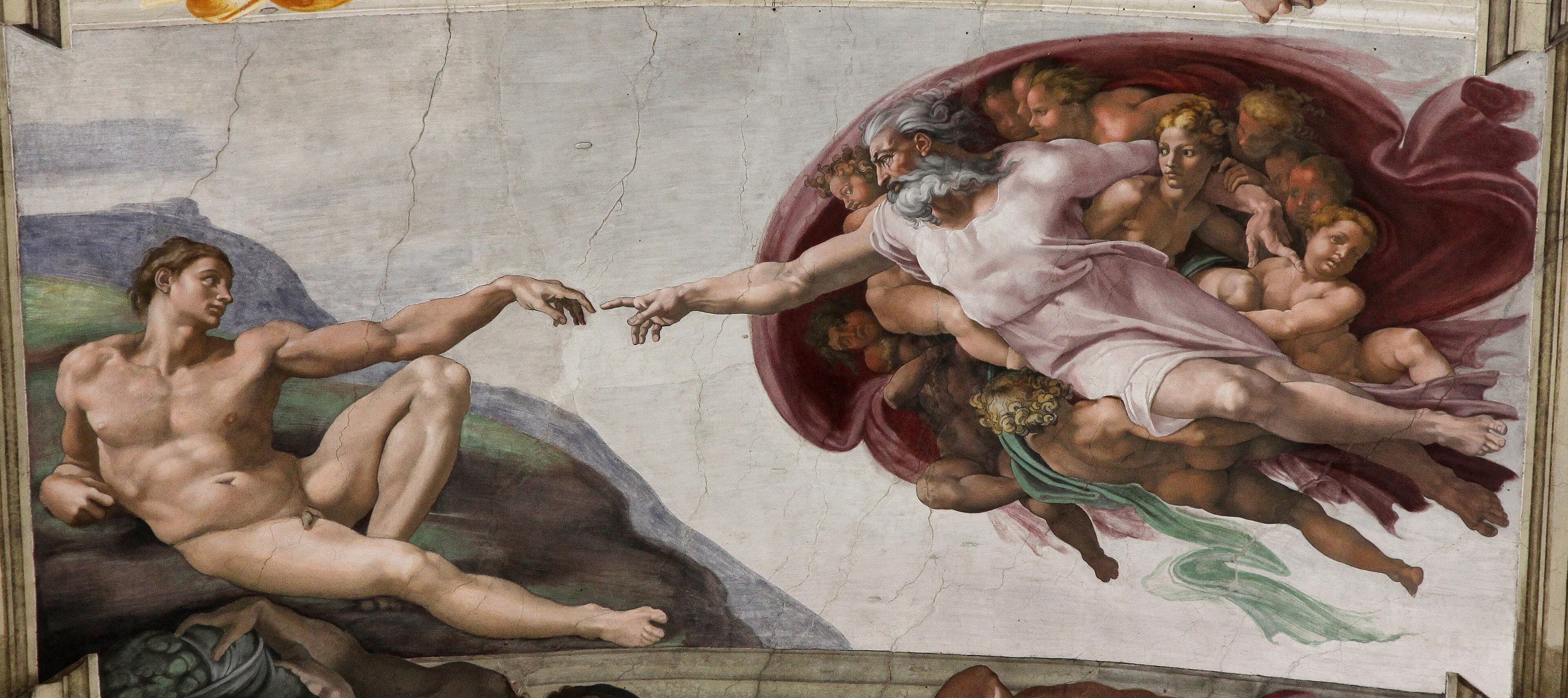Michelangelo: the reclining Adam reaches toward God, their fingertips almost touching.