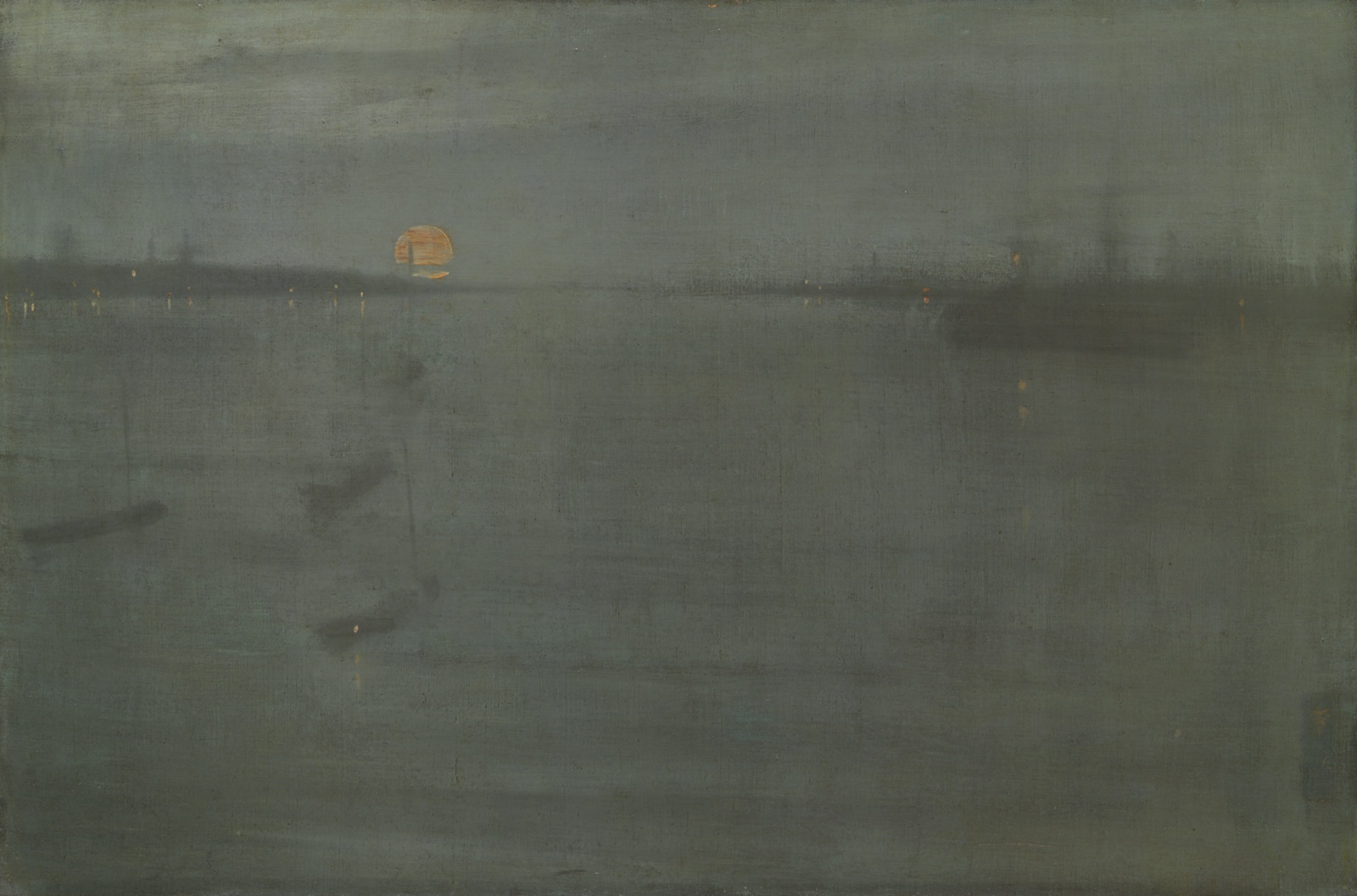 A sparsely painted waterside scene in dark tones with minimal ghostly shapes suggesting ships, yellow glitches of paint for light reflections, and the orb of an orange moon overhead.