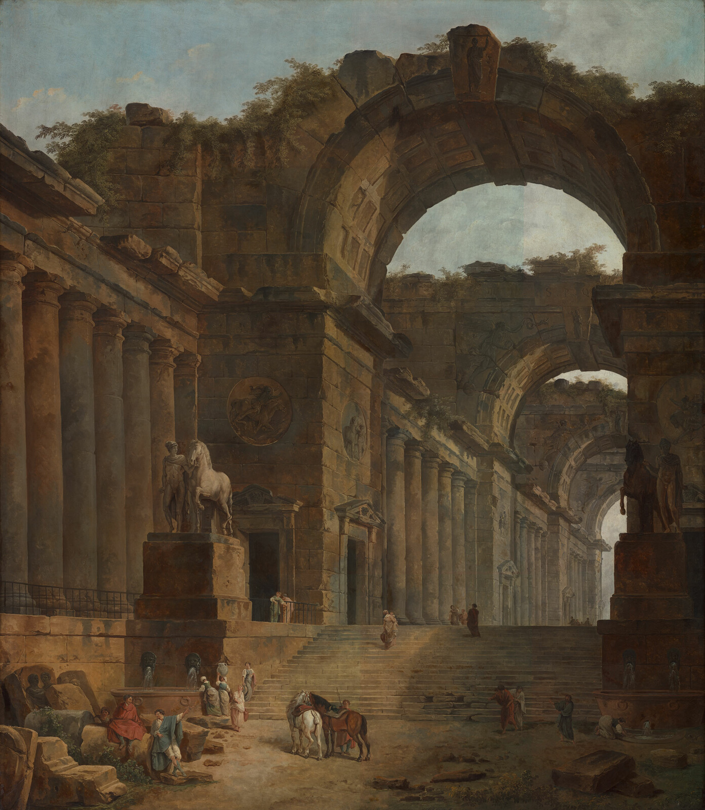 Large painting of ancient arch ruins, statues, humans are small in comparison.
