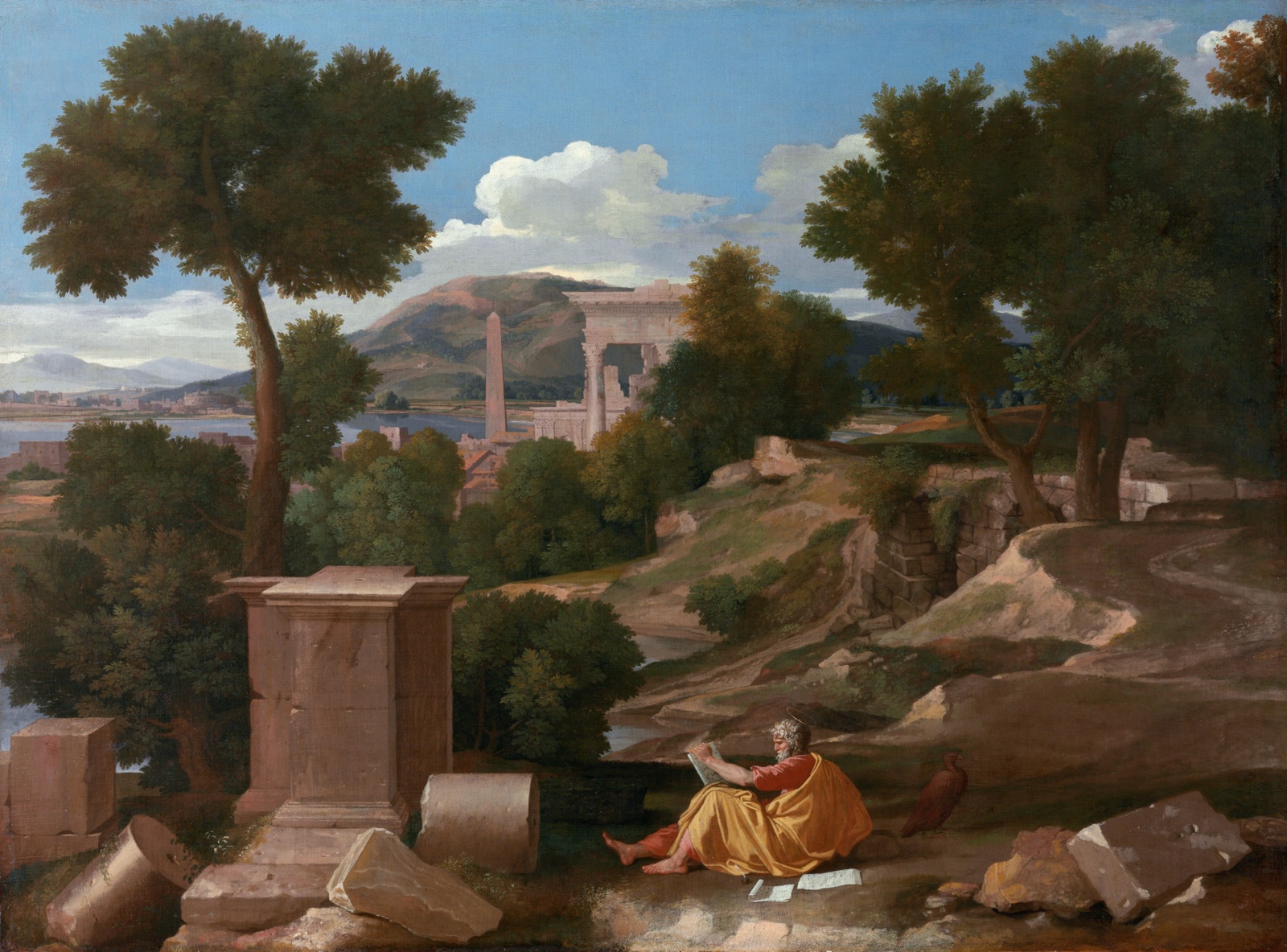 Painting of Greek landscape, classical architecture, yellow, red robed man reading.