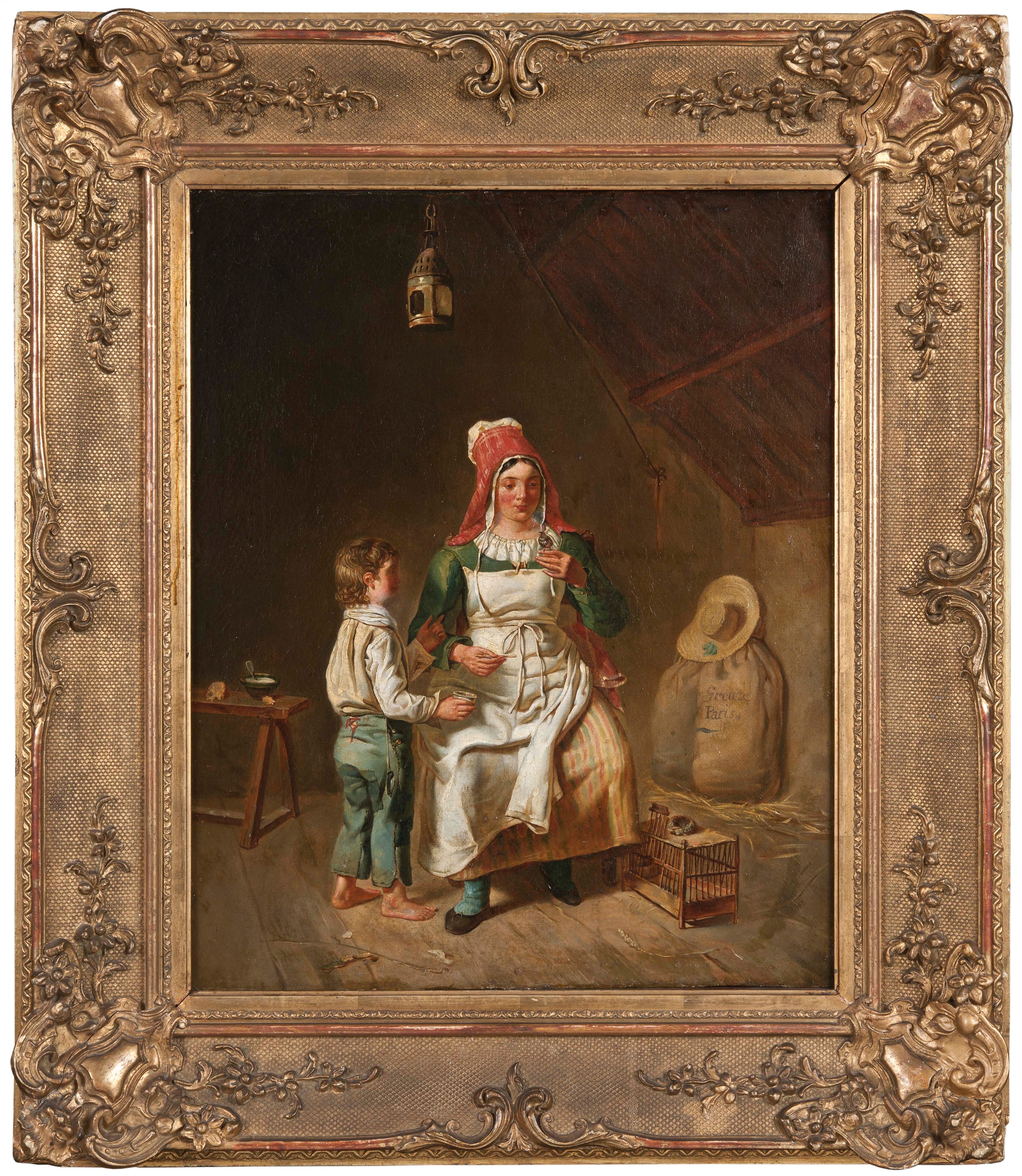 Mother and Son Feeding A Chick by Anna-Geneviève Greuze