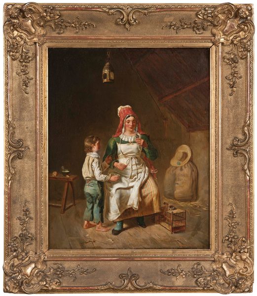 Mother and Son Feeding A Chick by Anna-Geneviève Greuze