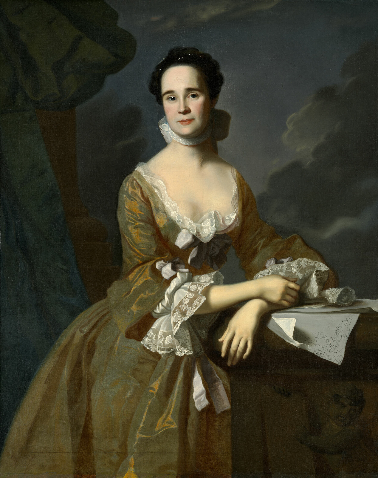 Painted portrait of woman in green dress and cloud backdrop.