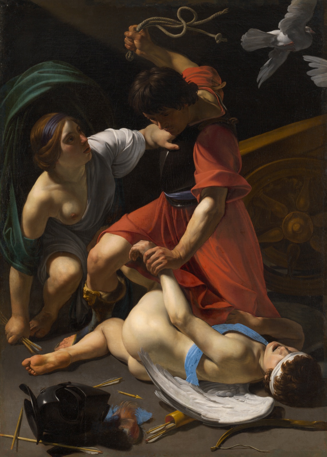 Large painting of cupid being whipped, a woman tries to hold back the a man in red dress.