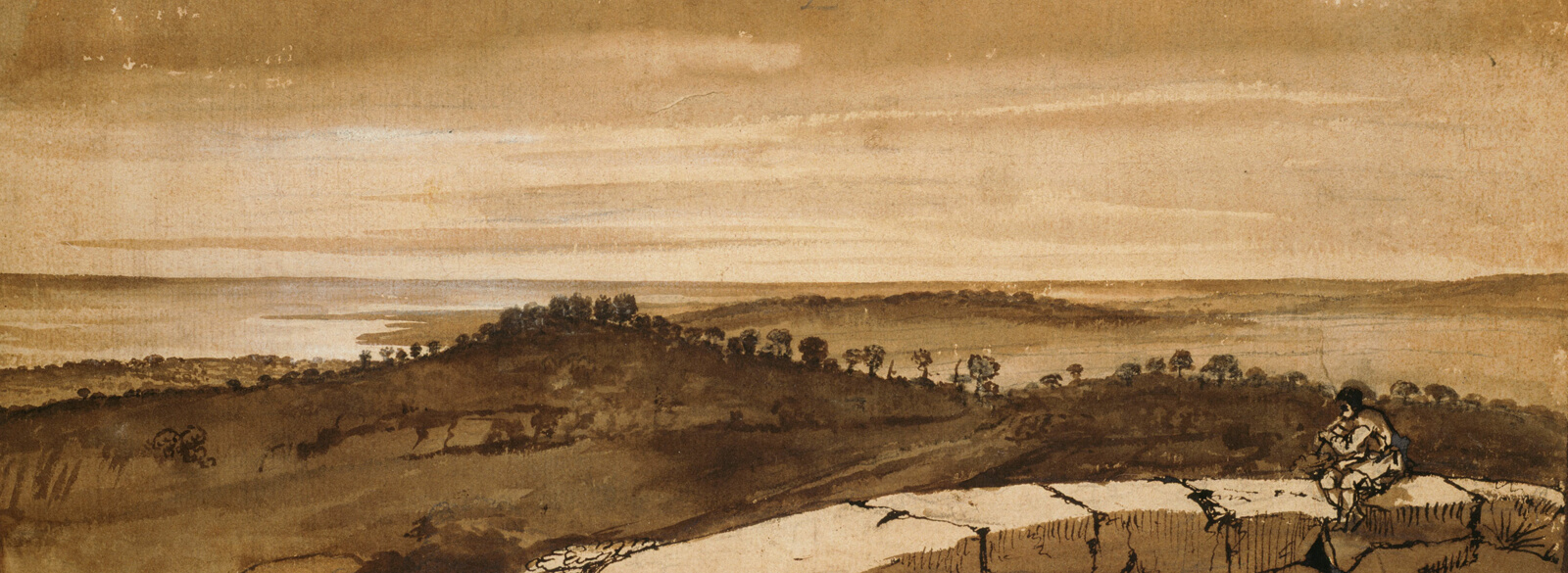 Brown toned drawing of figure seated on low wall, vast countryside in background.