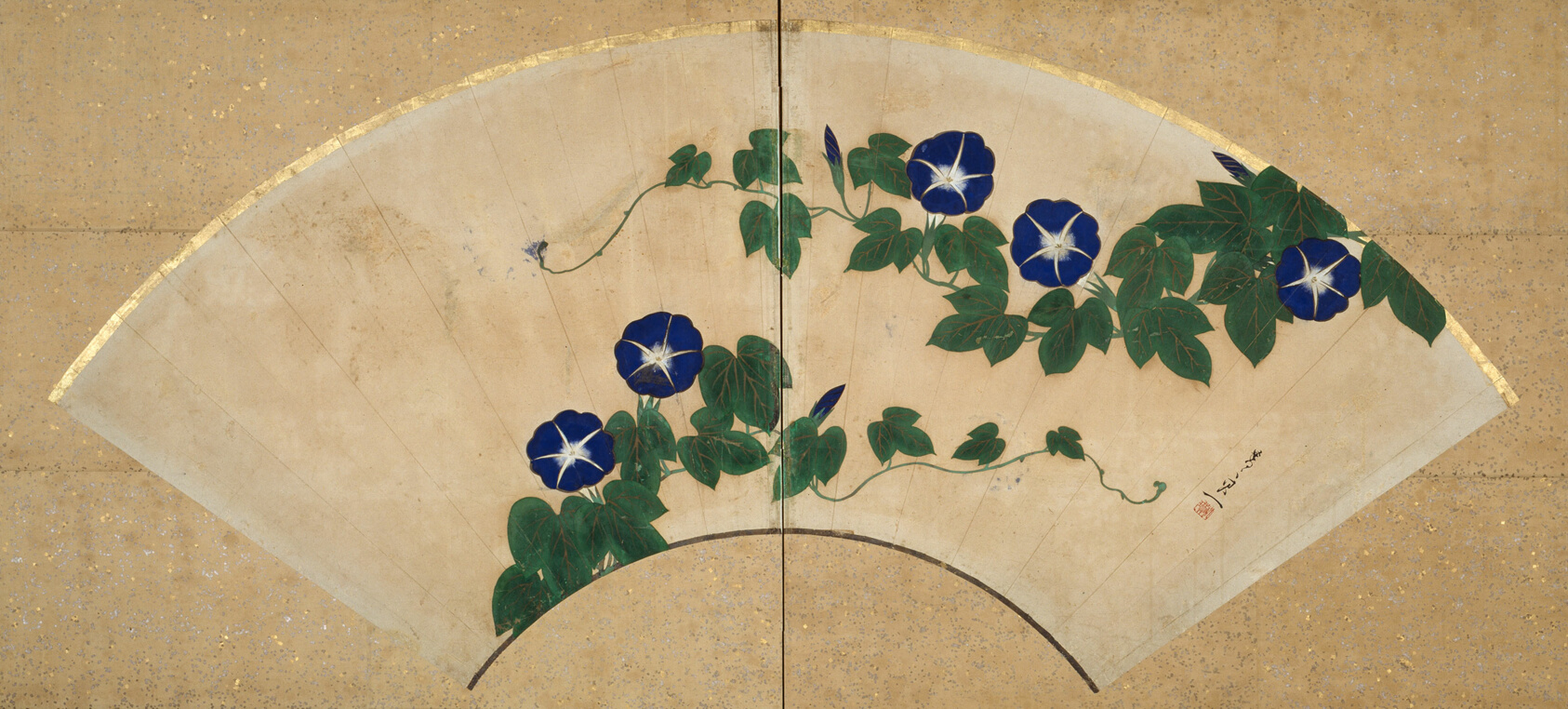 A work made of two-panel screen; ink, colors and gold on paper.