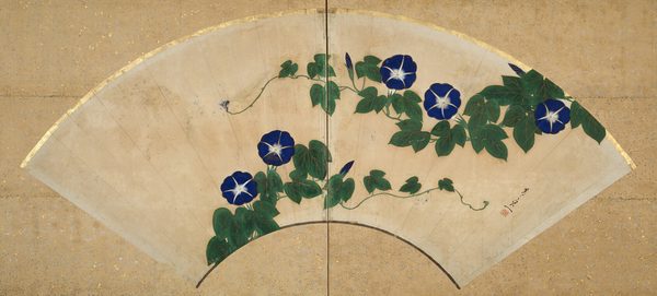 A work made of two-panel screen; ink, colors and gold on paper.