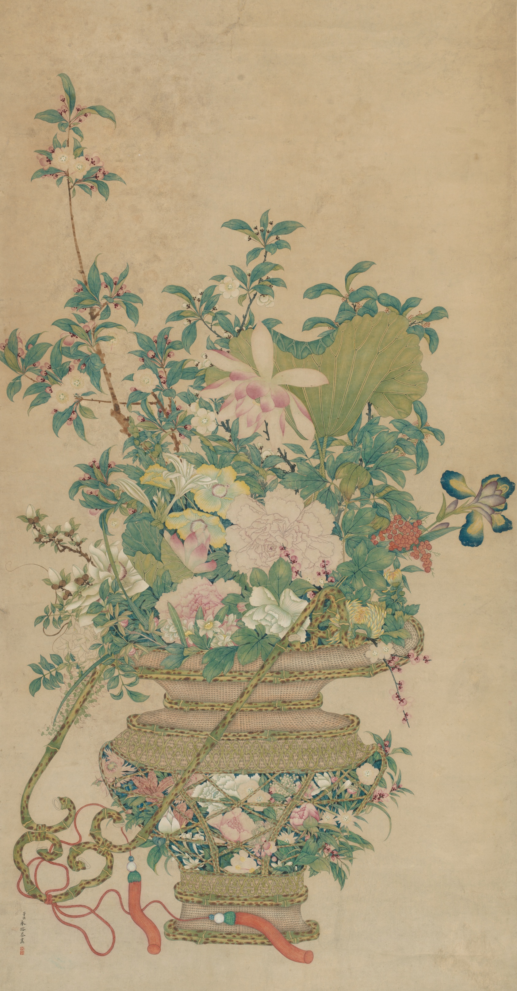 A vertical painting of a bundle of many types of flowers set in a vase-like vessel. The bottom of this vessel contains netted rope through which many blossoms can be seen. A plethora of blooms and leaves extend upward from the top of the vessel.