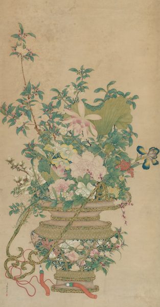 A vertical painting of a bundle of many types of flowers set in a vase-like vessel. The bottom of this vessel contains netted rope through which many blossoms can be seen. A plethora of blooms and leaves extend upward from the top of the vessel.
