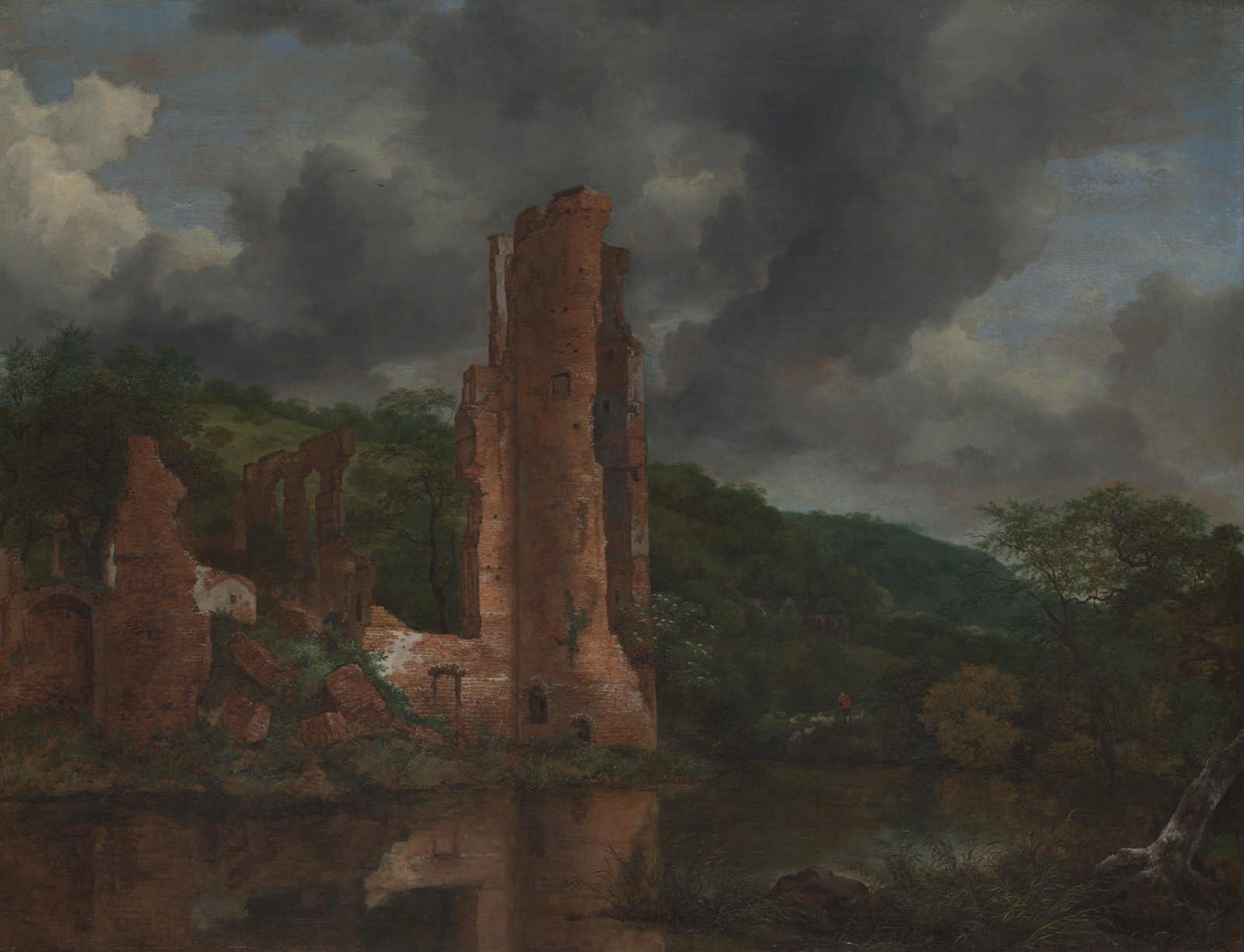 Dark moody painting of crumbling castle tower and walls amidst river and forest.