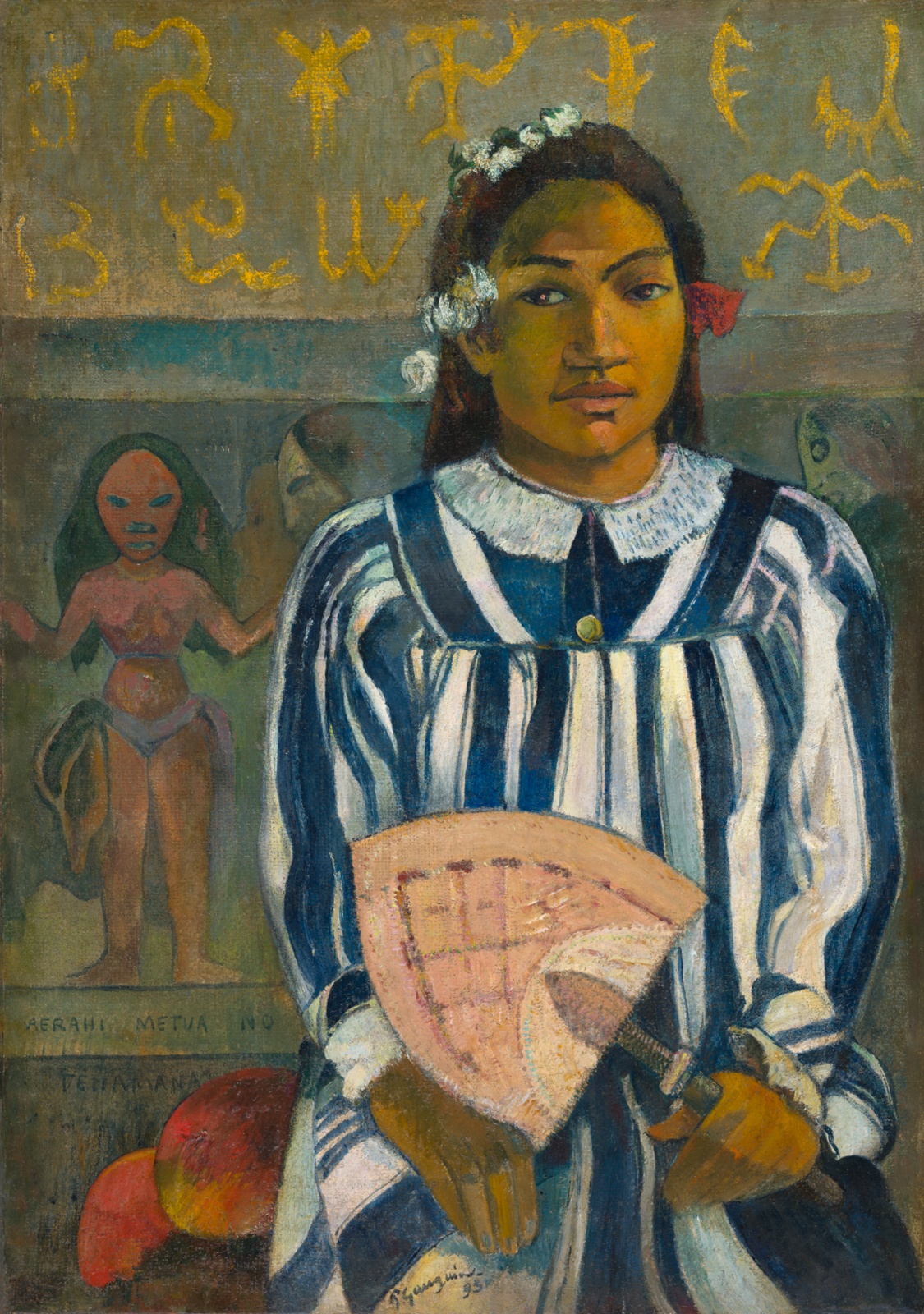 A young girl with medium skin wears a striking dress of black and white stripes with a short lace collar. Behind her is backdrop featuring symbols and native figures. Mangos sit beside her.