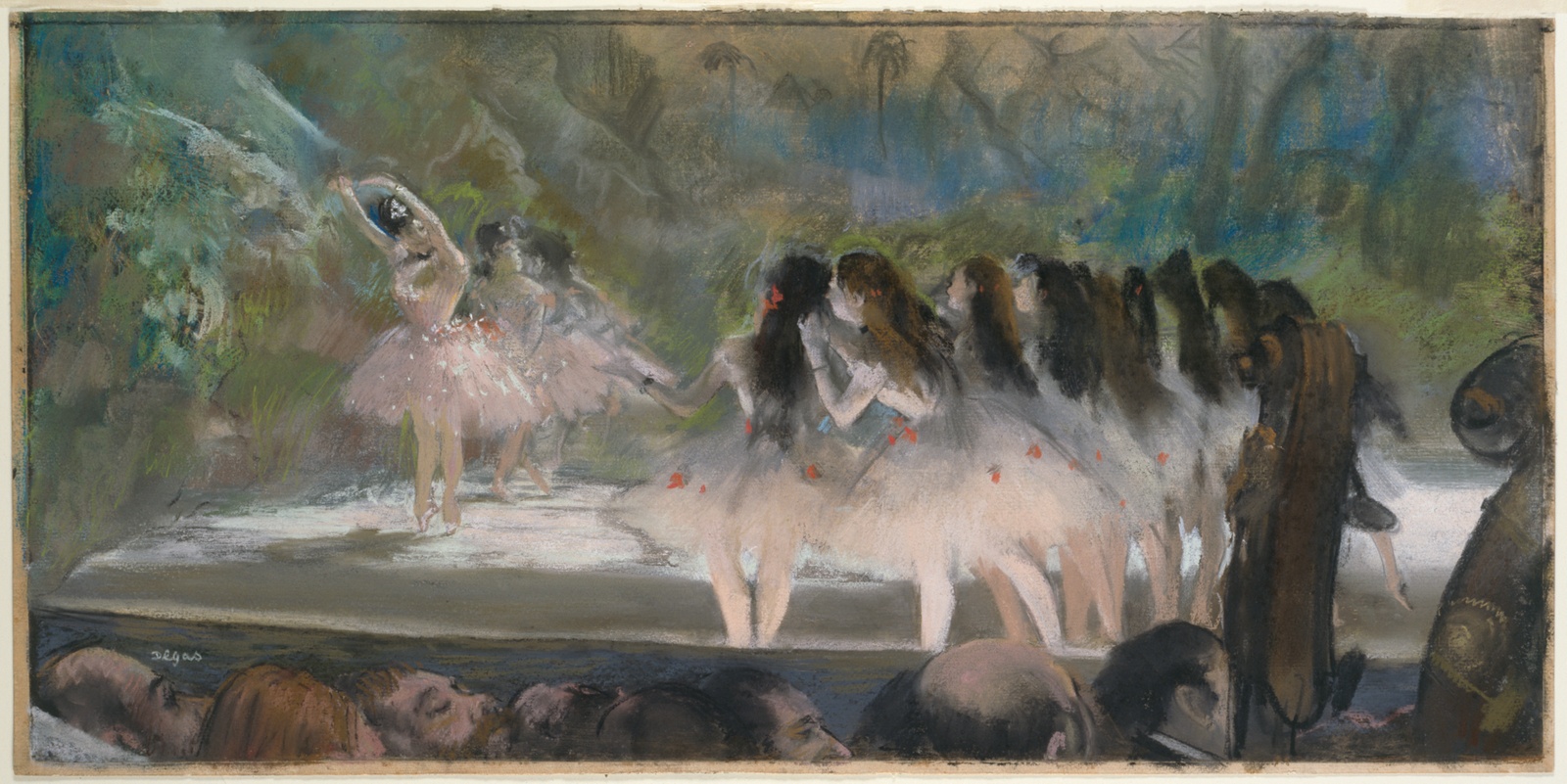 Color pastel drawing of ballerinas in tutus on stage, watched by audience.