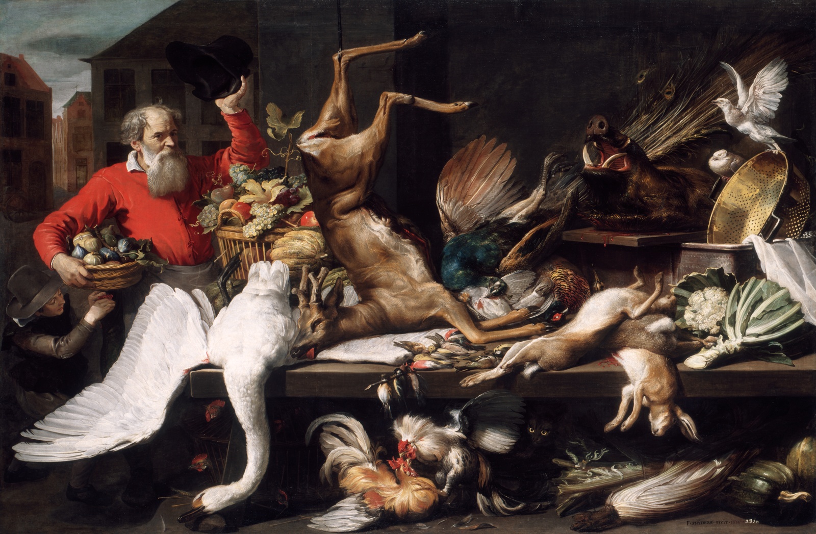 An older man at left in red raises his hat toward a central table chaotically overflowing with dead game, fruits, and vegetables. The wings of dead birds and limbs of animals are splayed out at dramatic angles; a deer at center is suspended by his back legs. Live birds and a cat animate the scene.