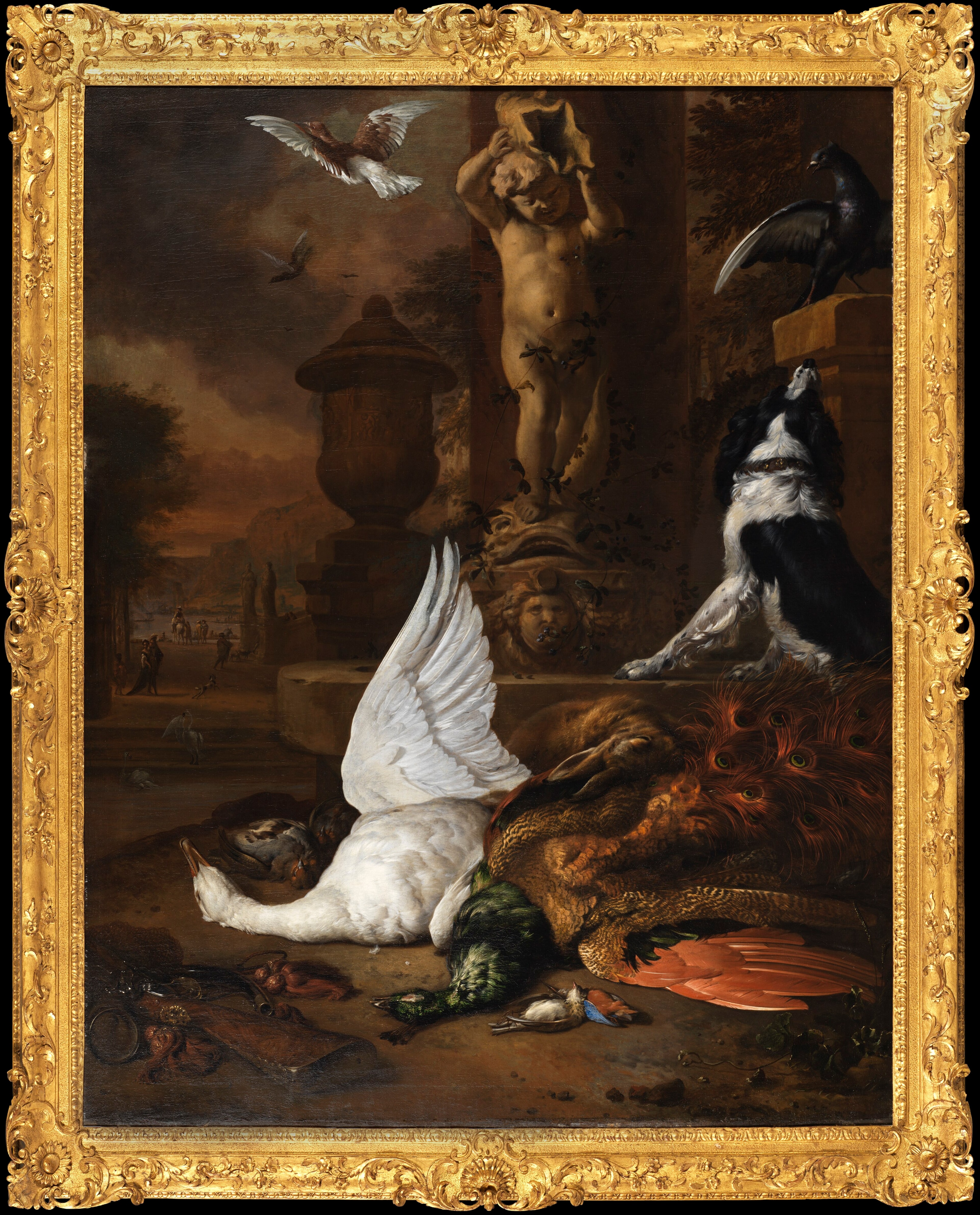 Stilleben med död svan, en påfågel och en hund vid en trädgårdsfontän by Jan Weenix
