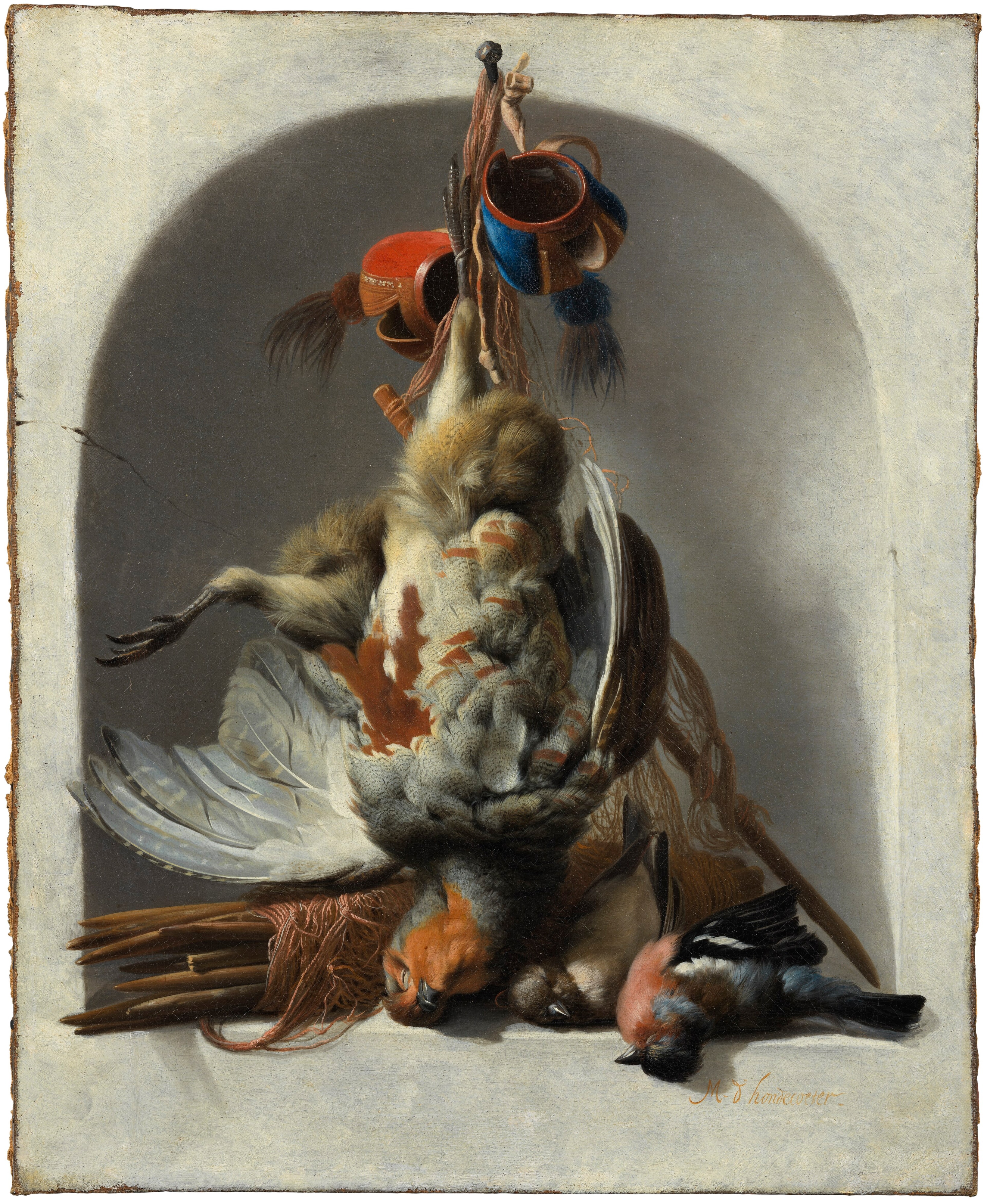 Still Life with Birds and Hunting Gear in a Niche by Melchior d'Hondecoeter