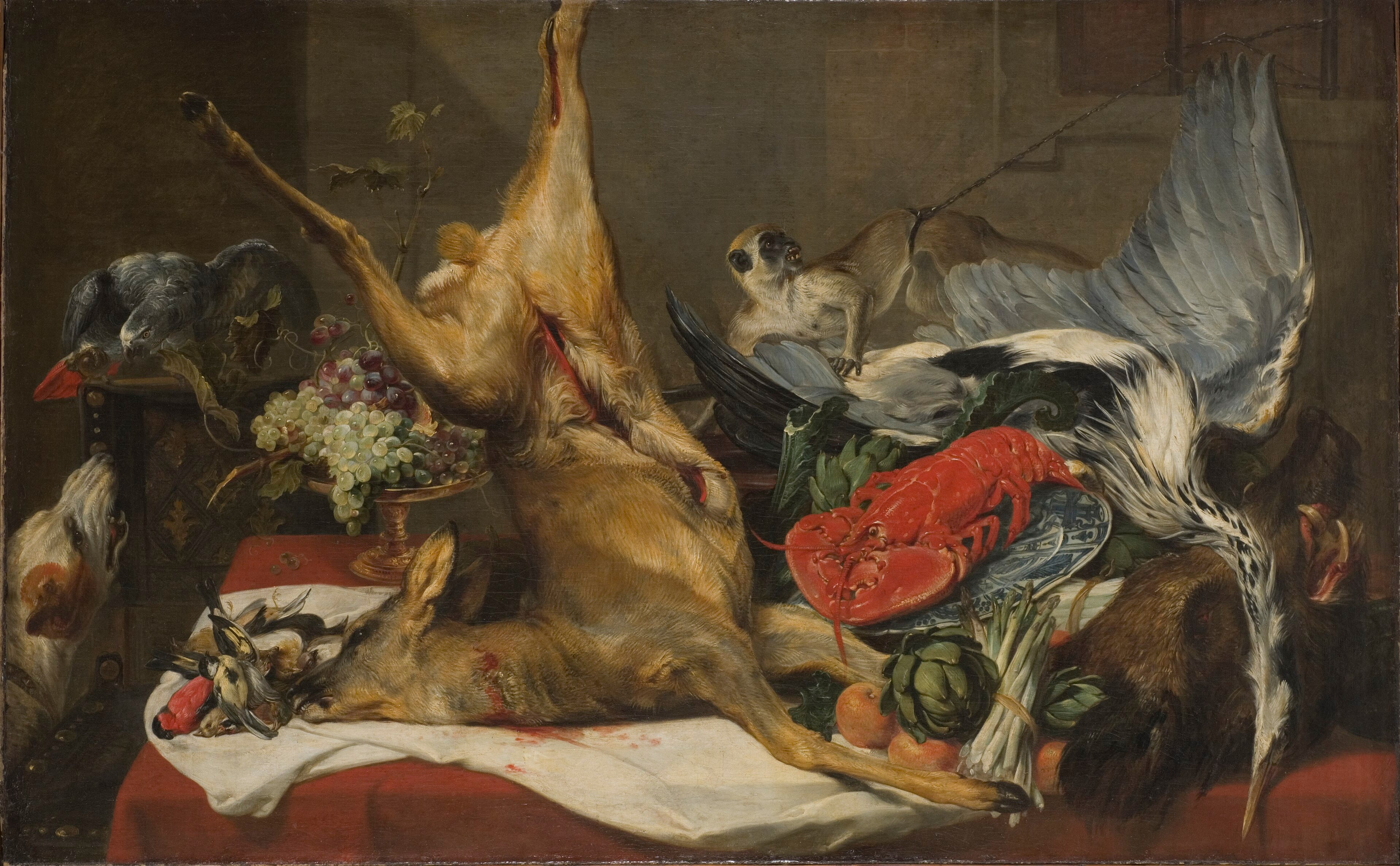 Still Life with Dead Game, a Monkey, a Parrot, and a Dog by Frans Snyders