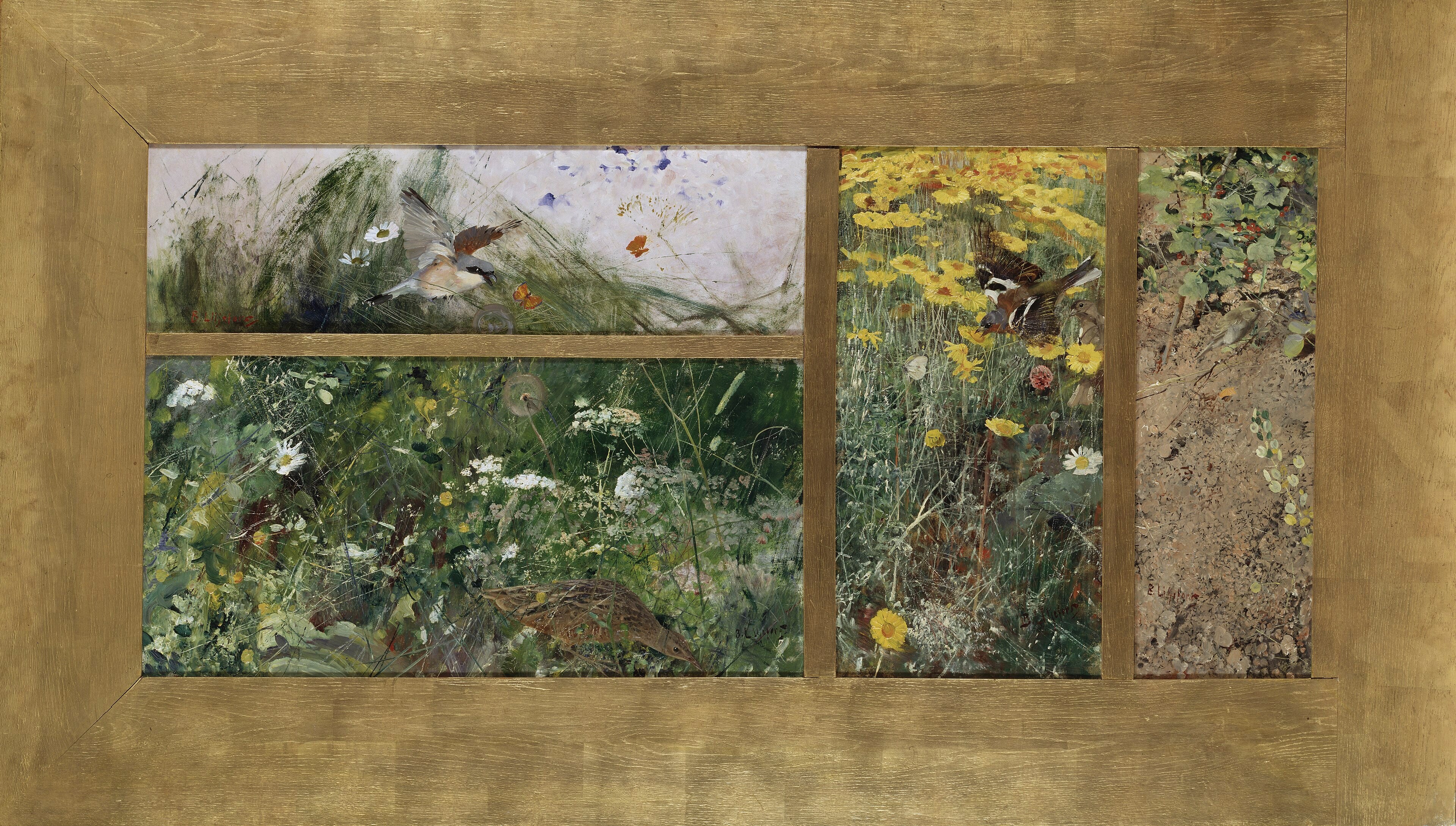 Four Bird Studies, Red-Backed Shrike, Corncrake, Chaffinches, Willow Warbler. by Bruno Liljefors