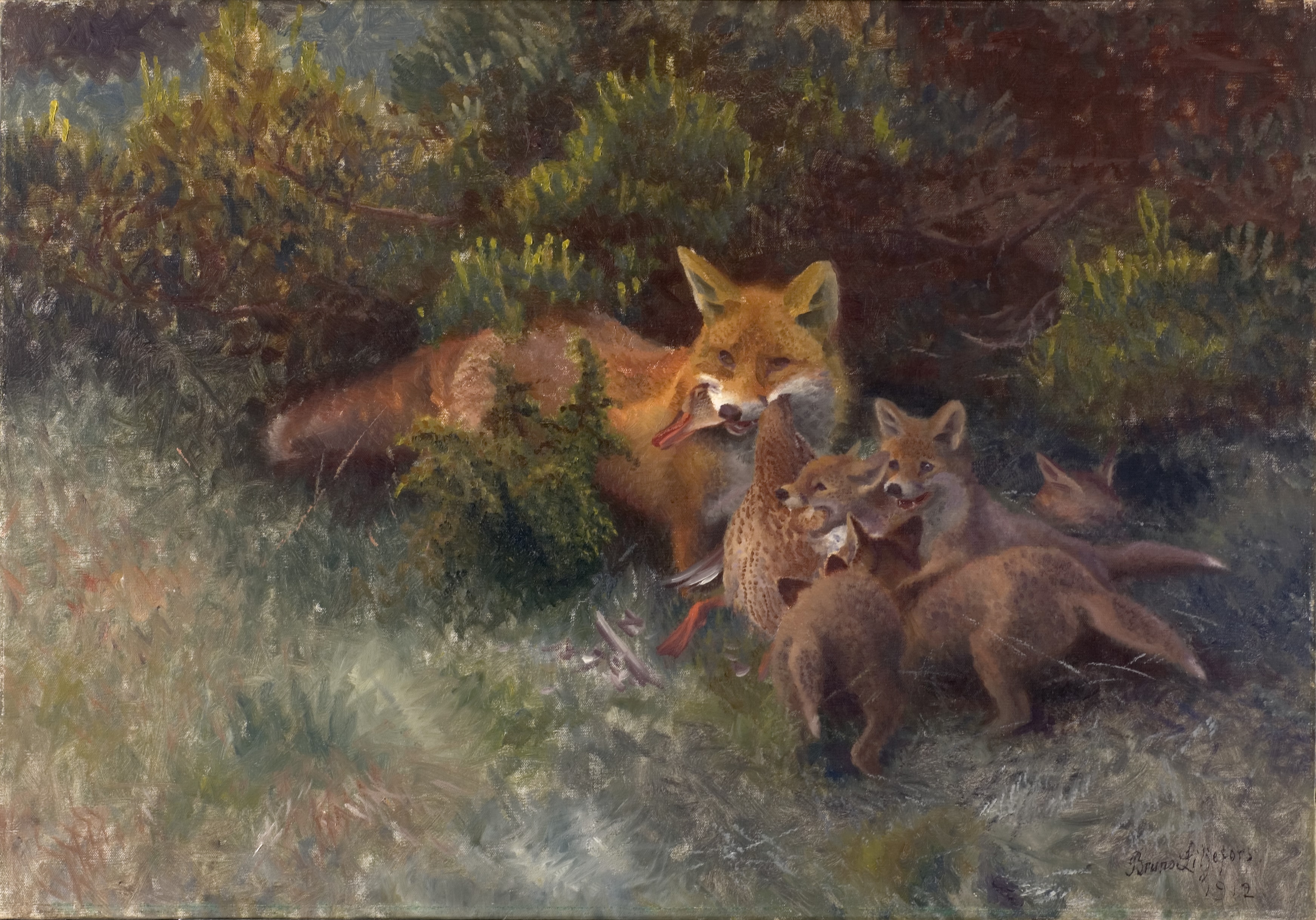 Fox with Cubs by Bruno Liljefors