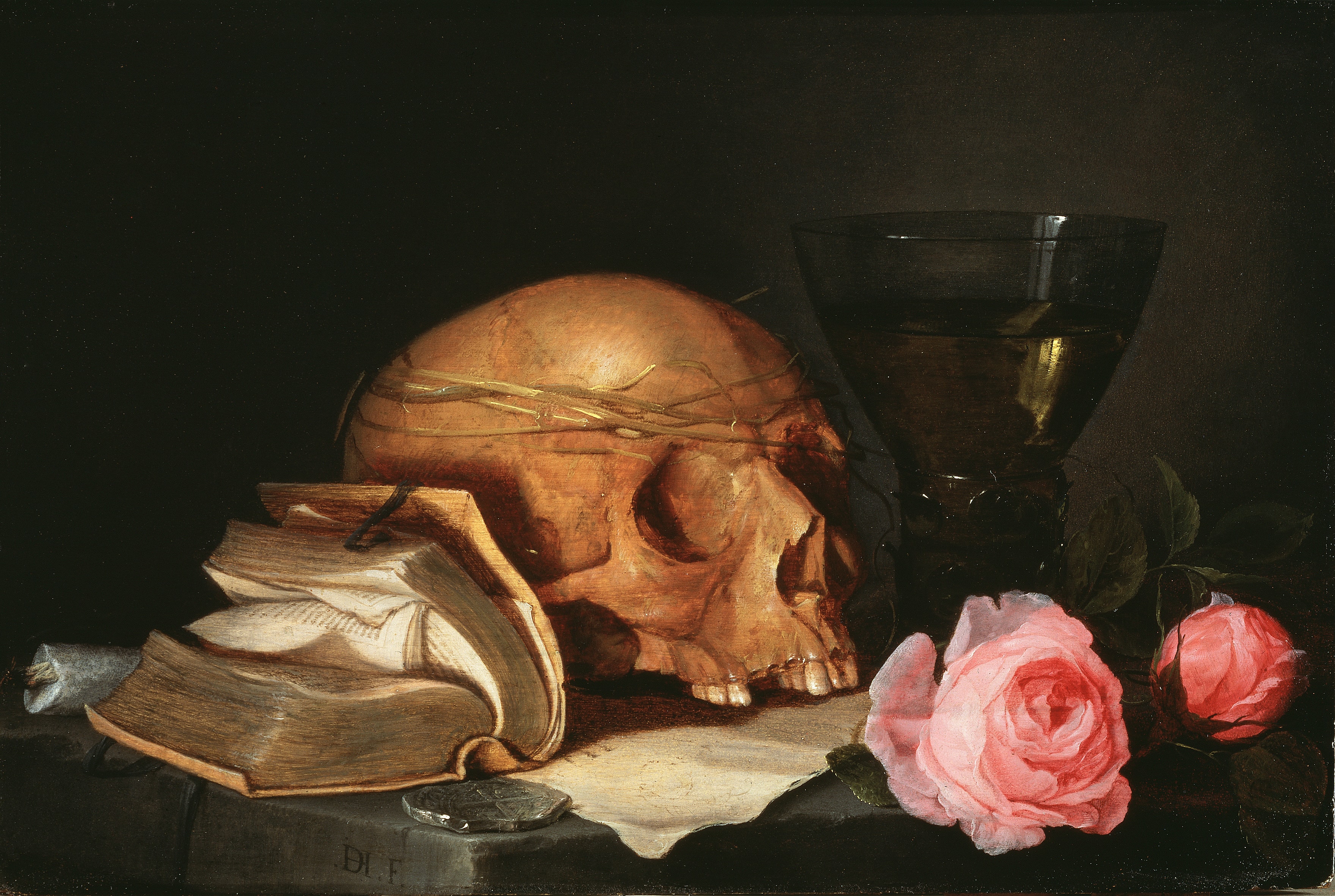 A Vanitas Still-Life with a Skull, a Book and Roses by Jan Davidsz. de Heem