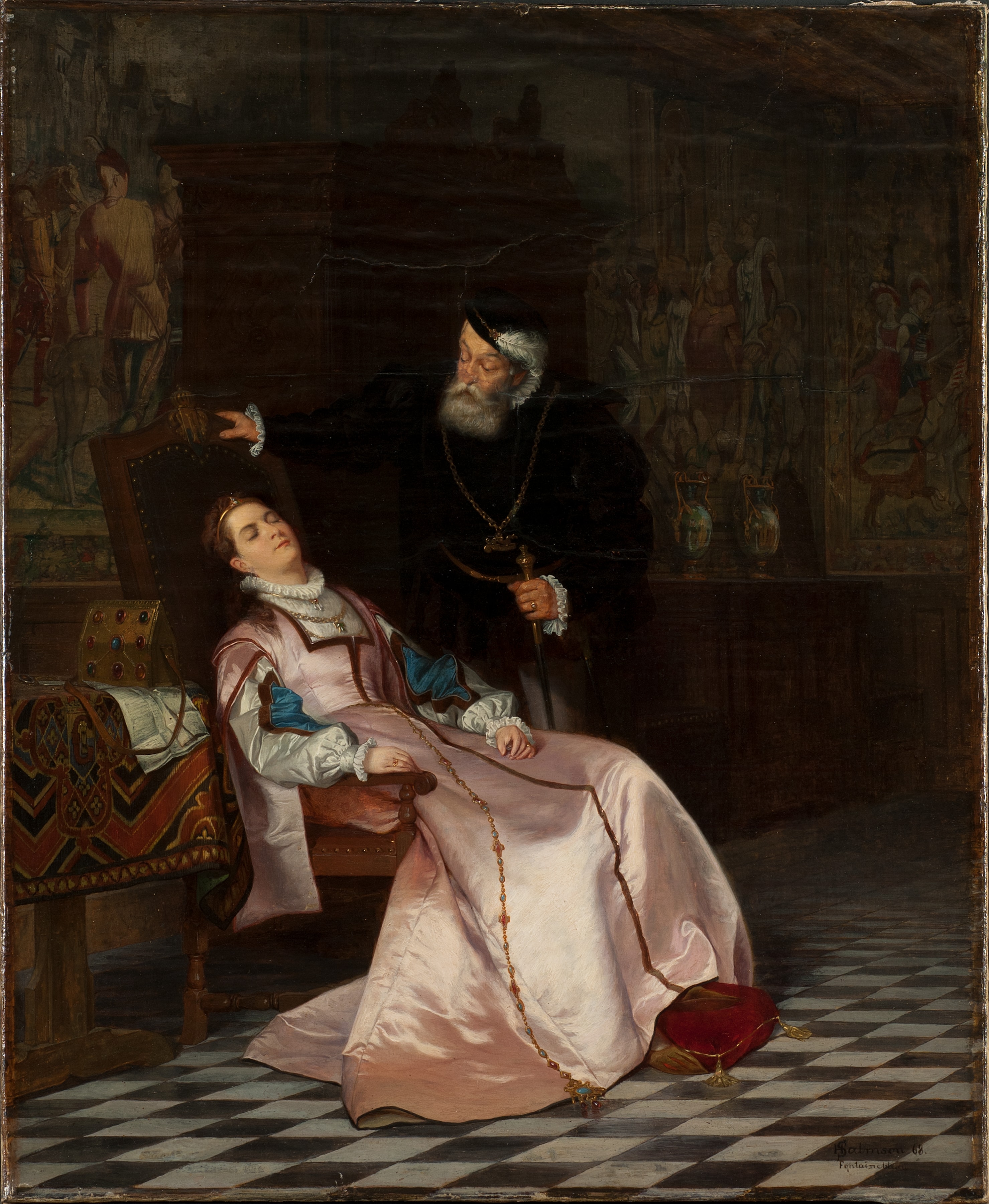 Gustav Vasa finner sin gemål Katarina Stenbock sovande och hör henne säga: "Kung Gösta håller jag mycket kär, men Rosen glömmer jag aldrig" by Hugo Salmson