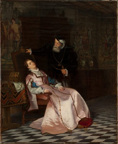 Gustav Vasa finner sin gemål Katarina Stenbock sovande och hör henne säga: "Kung Gösta håller jag mycket kär, men Rosen glömmer jag aldrig" by Hugo Salmson