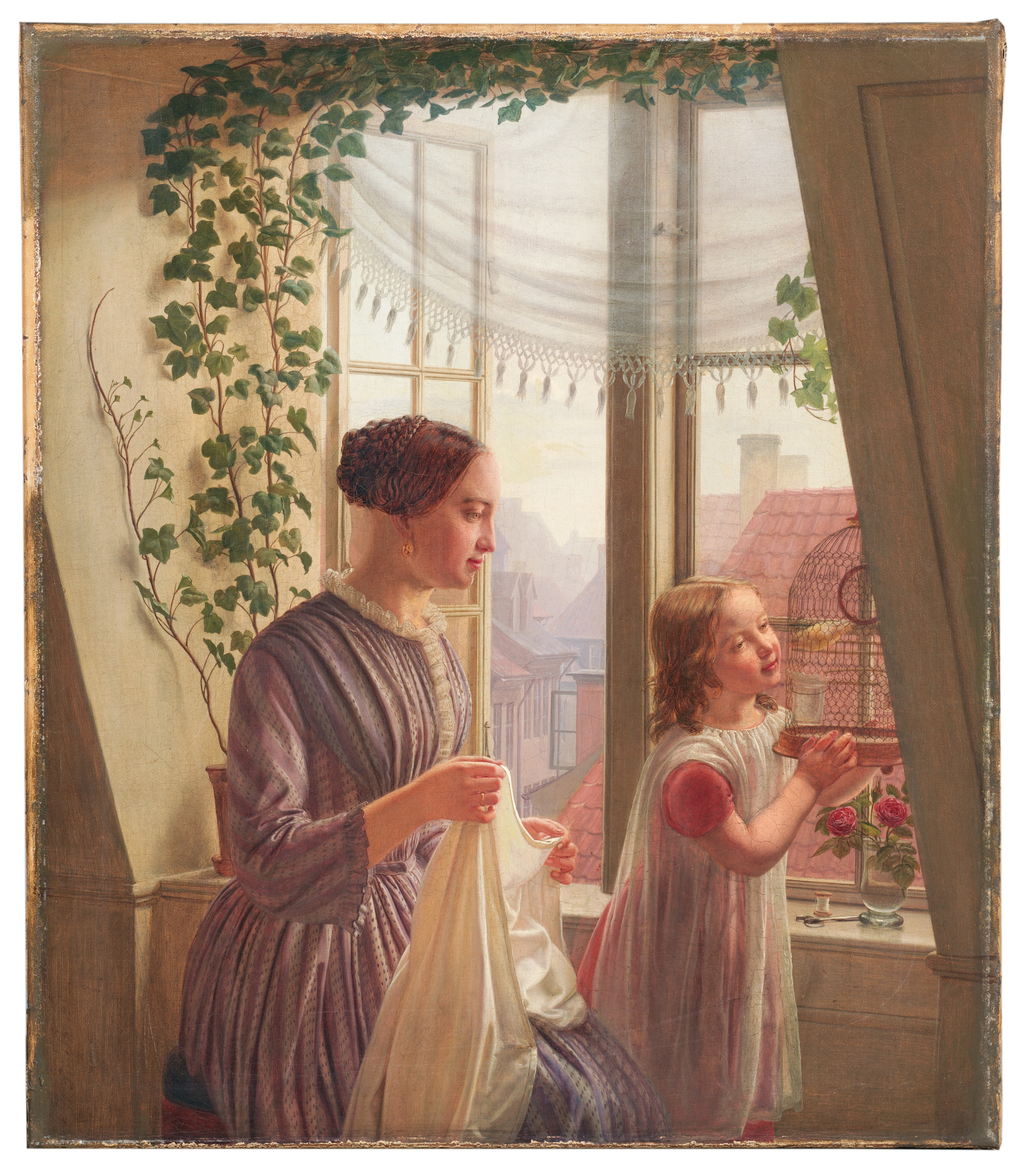 Interiör med mor och dotter vid fönster by Ludvig August Smith