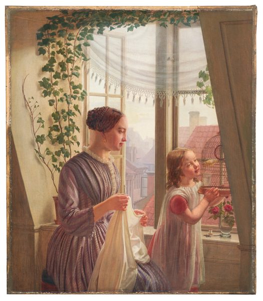 Interiör med mor och dotter vid fönster by Ludvig August Smith