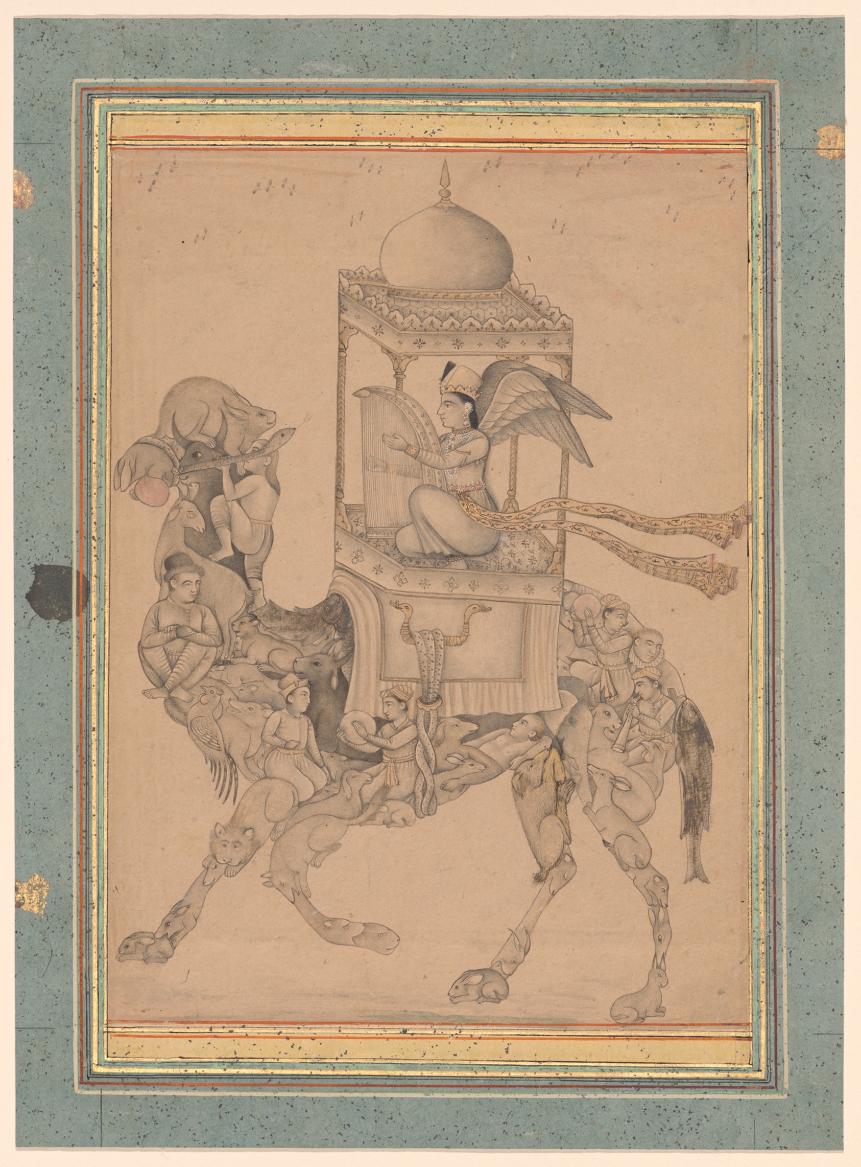 A work made of ink wash, gold, and color on paper.