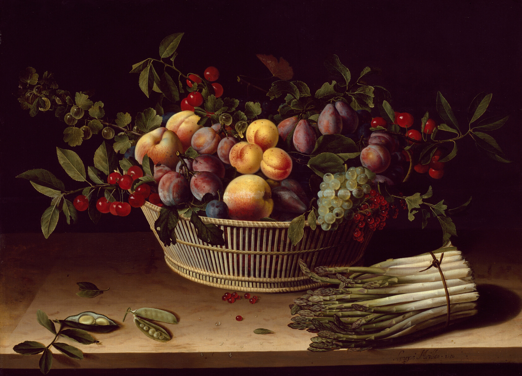 Painting of a woven basket filled with various fruits, including plums and apricots, on a table against a dark background, with asparagus and peapods on the table at front.