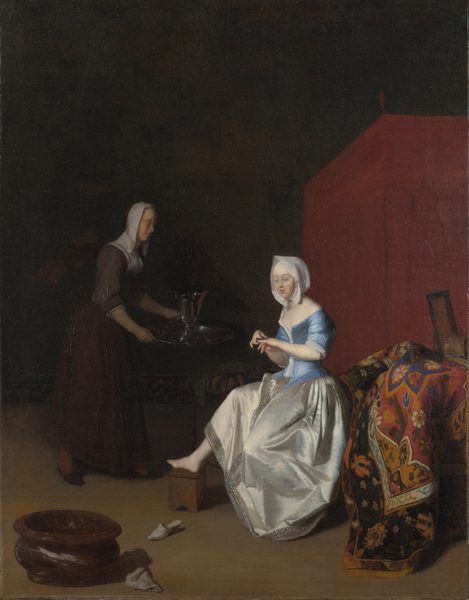 A Young Lady trimming her Fingernails, attended by a Maidservant by Jacob Ochtervelt