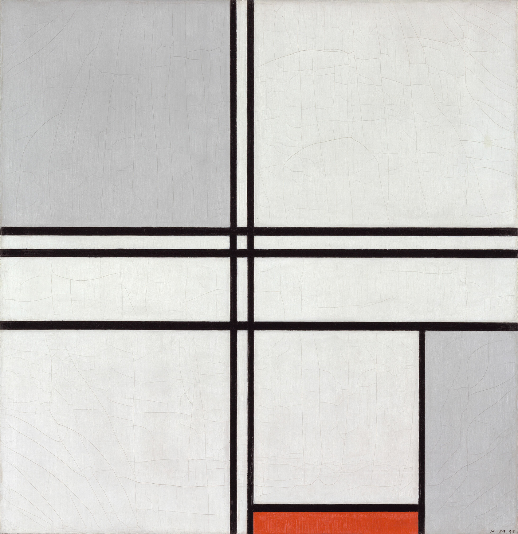 Abstract line composition of black lines at right angles forming quadrants including a gray square at upper left and a gray rectangle and red rectangle at lower right, against a white background.
