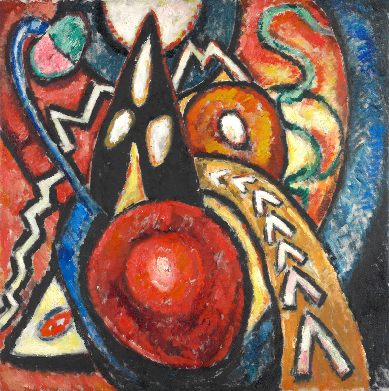 A multitude of vibrantly colored shapes interweave with one another.