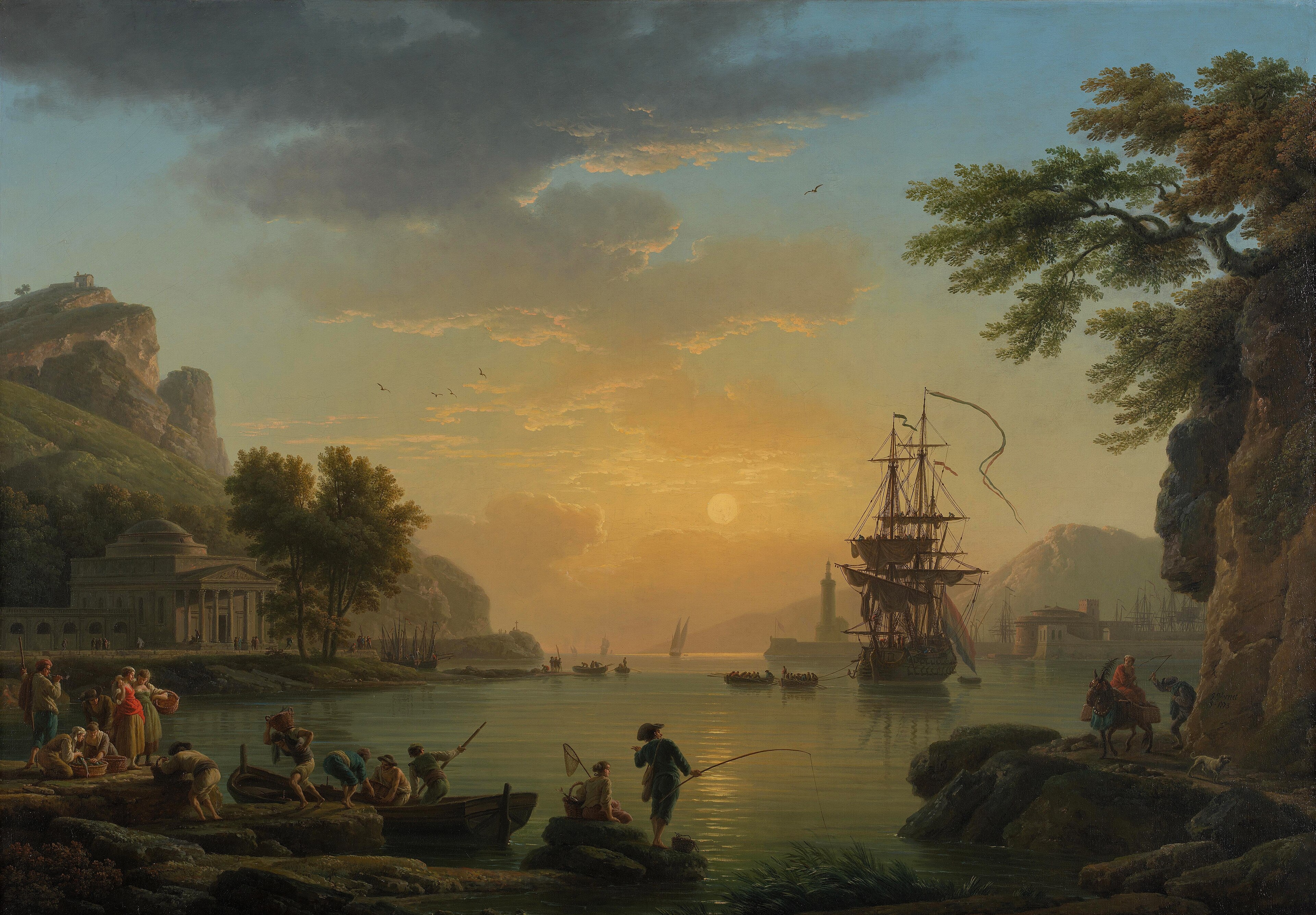 A Landscape at Sunset with Fishermen returning with their Catch ('Calme') by Joseph Vernet