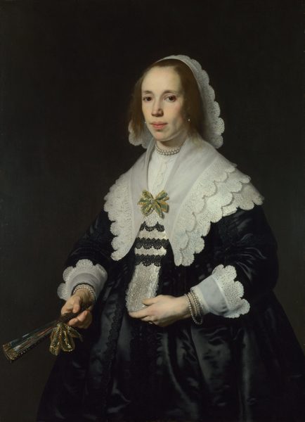 Portrait of a lady in black satin with a fan by Bartholomeus van der Helst