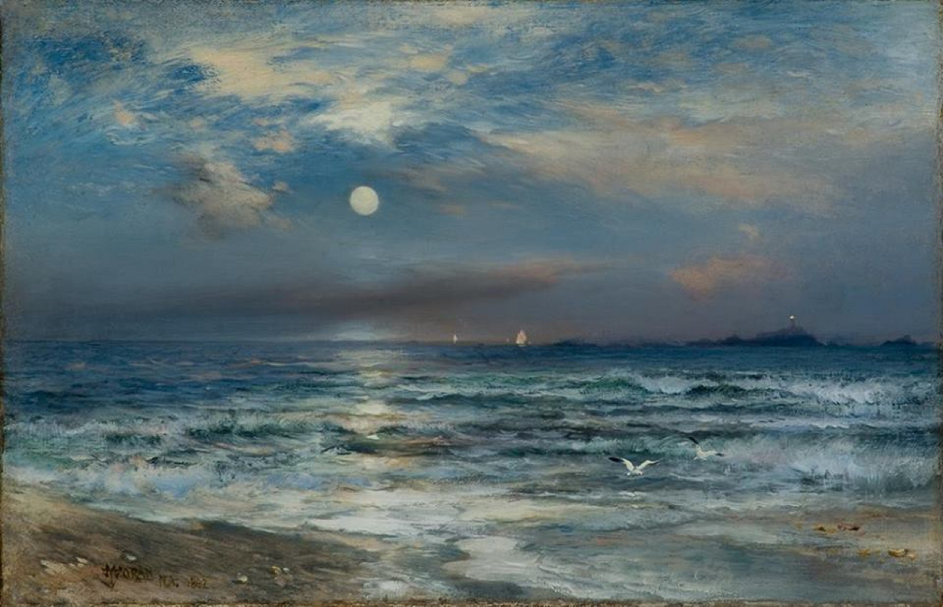 Moonlight seascape by Thomas Moran