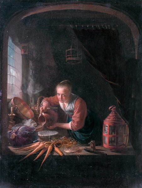 Young woman pouring water out of a jug by Gerrit Dou