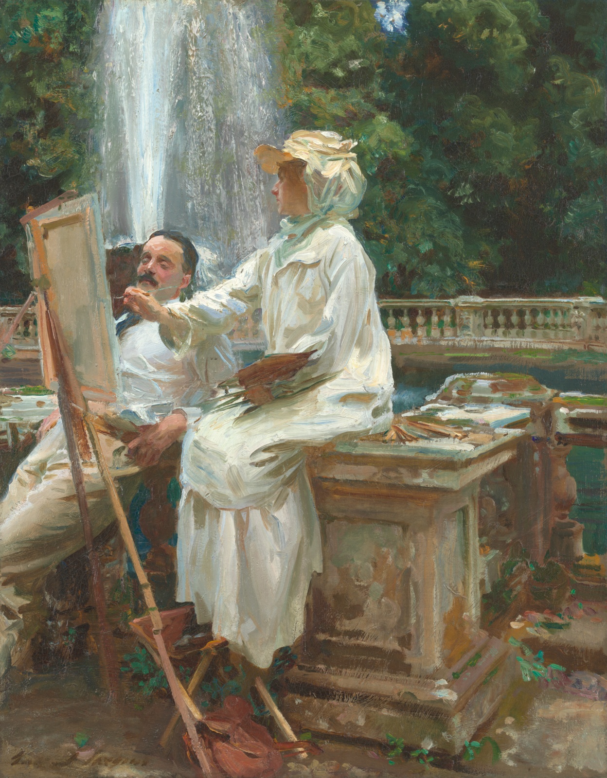 Portrait of a woman in white with a bonnet perched on an architectural feature painting something to her right, a spouting water fountain, greenery, and a an ornate, low white fence behind her. Beside her, a man leans back, eying the canvas.
